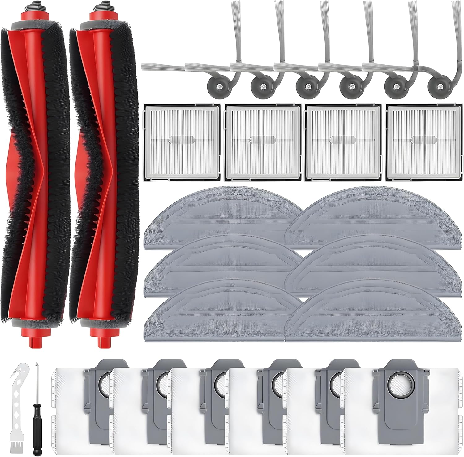 26 Pack Replacement Accessories Parts for Roborock Q10 S5/Q10 S5+/Q10 X5/Q10 X5+ Robot Vacuum Part with 2 Roller Brush,4 Mop,4 HEAP,6 Mop,6 Dust Bag,6 Side Brushes,1 Screwdriver,1 Clean Brush