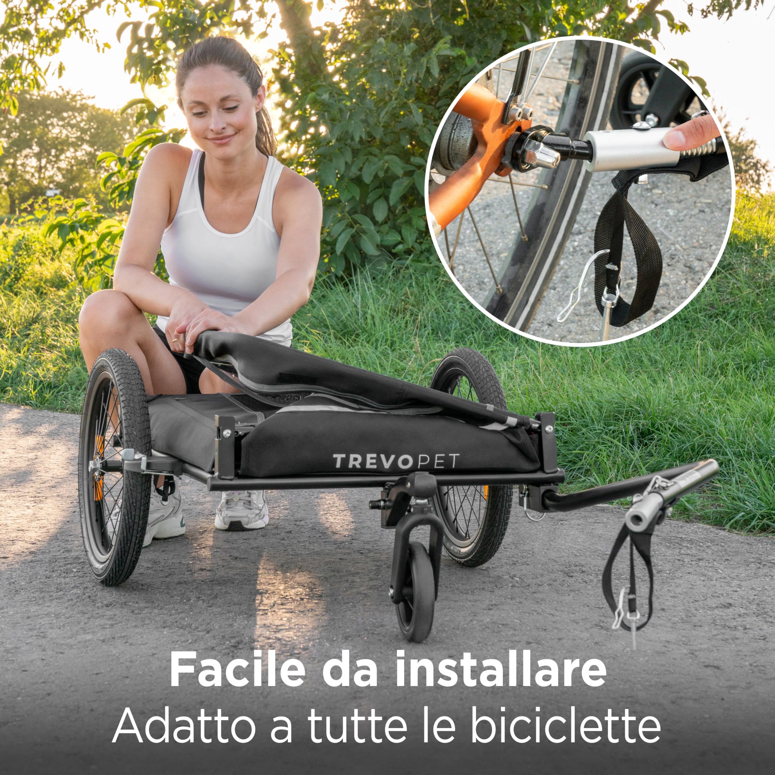 Rimorchio Bici Cani 2 in 1 – Carrello e Passeggino Pieghevole con Cuscino per Cani fino a 30 kg – Con Attacco, Bandierina, Compatibile con Bici Elettriche – Nero