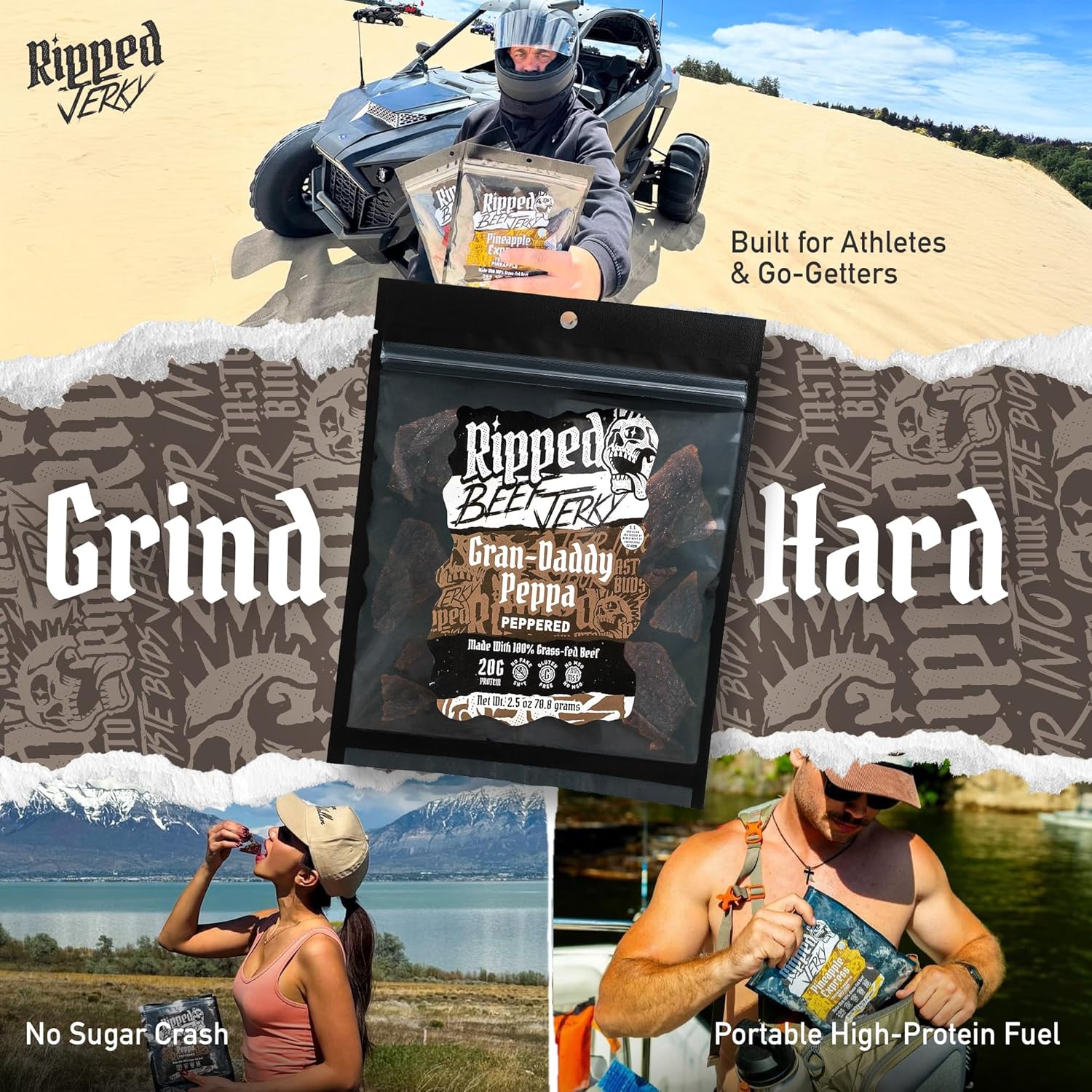 Ripped Beef Jerky - 100% Grass Fed Beef, 20g Protein, Real Ingredients, Gluten Free, No MSG, Made in USA (Pack of 3, Peppered)