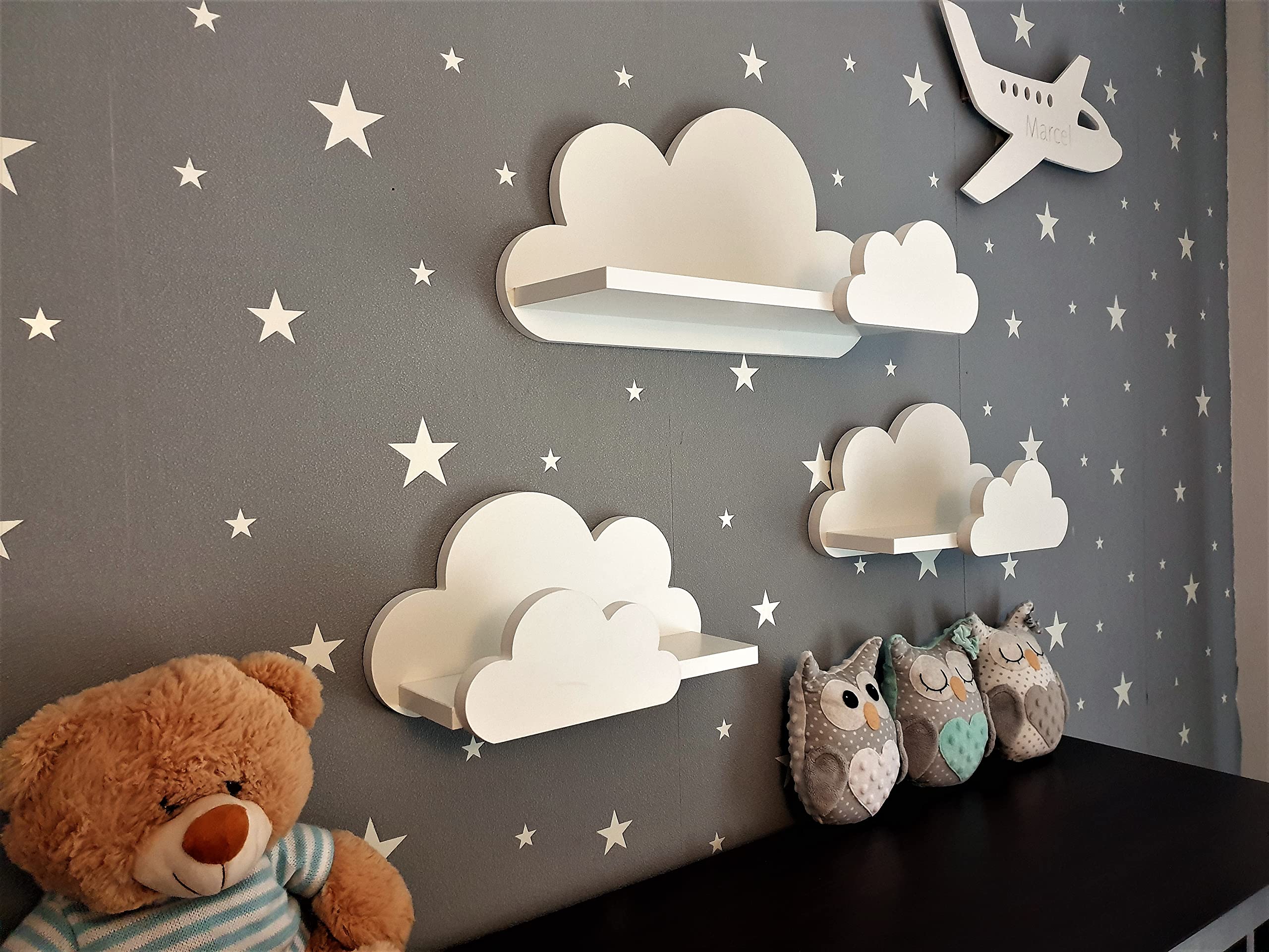 Moli Prestige - Set di 3 mensole da parete per cameretta dei bambini, con decorazione frontale, per libri, giocattoli, decorazione