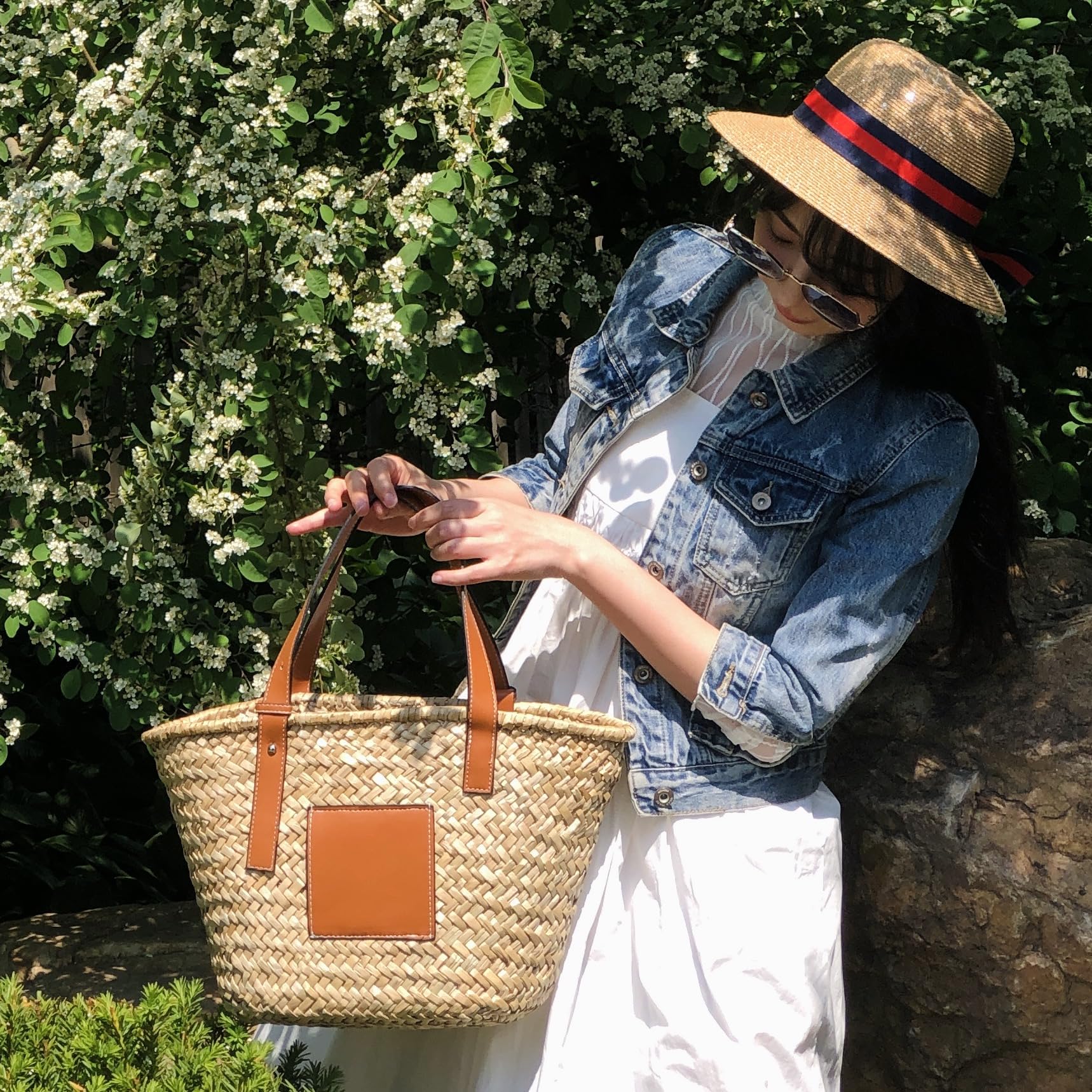 Bolso de mano de paja grande para mujer, hecho a mano, natural, para verano, playa, correa de piel sintética