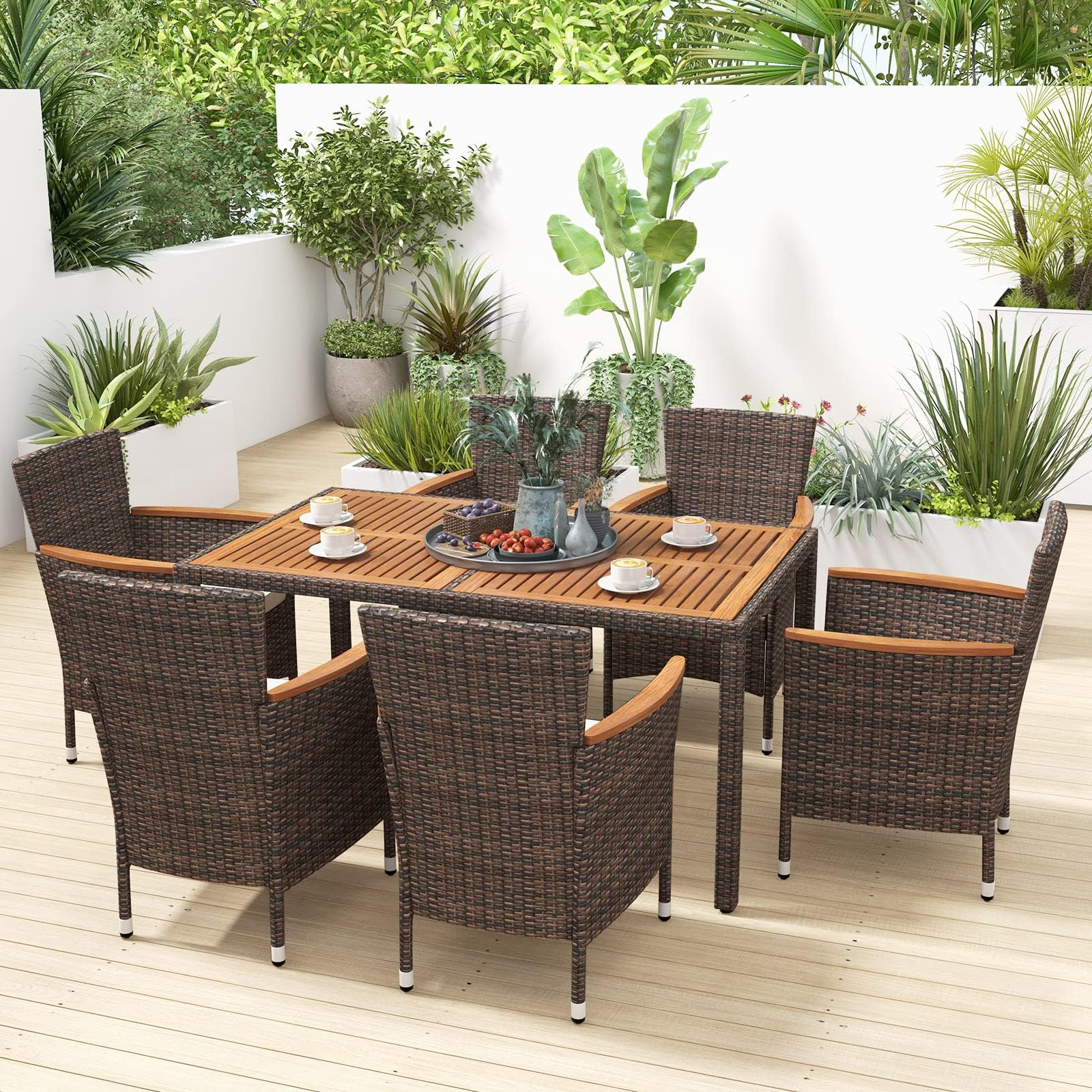 7 Pieces Patio Wicker Dining Set Outdoor Dining Set, Patio Furniture Set with Acacia Wood Table and Chairs, Garden Dining Table Set for Desk, Poolside, Backyard (Brown)