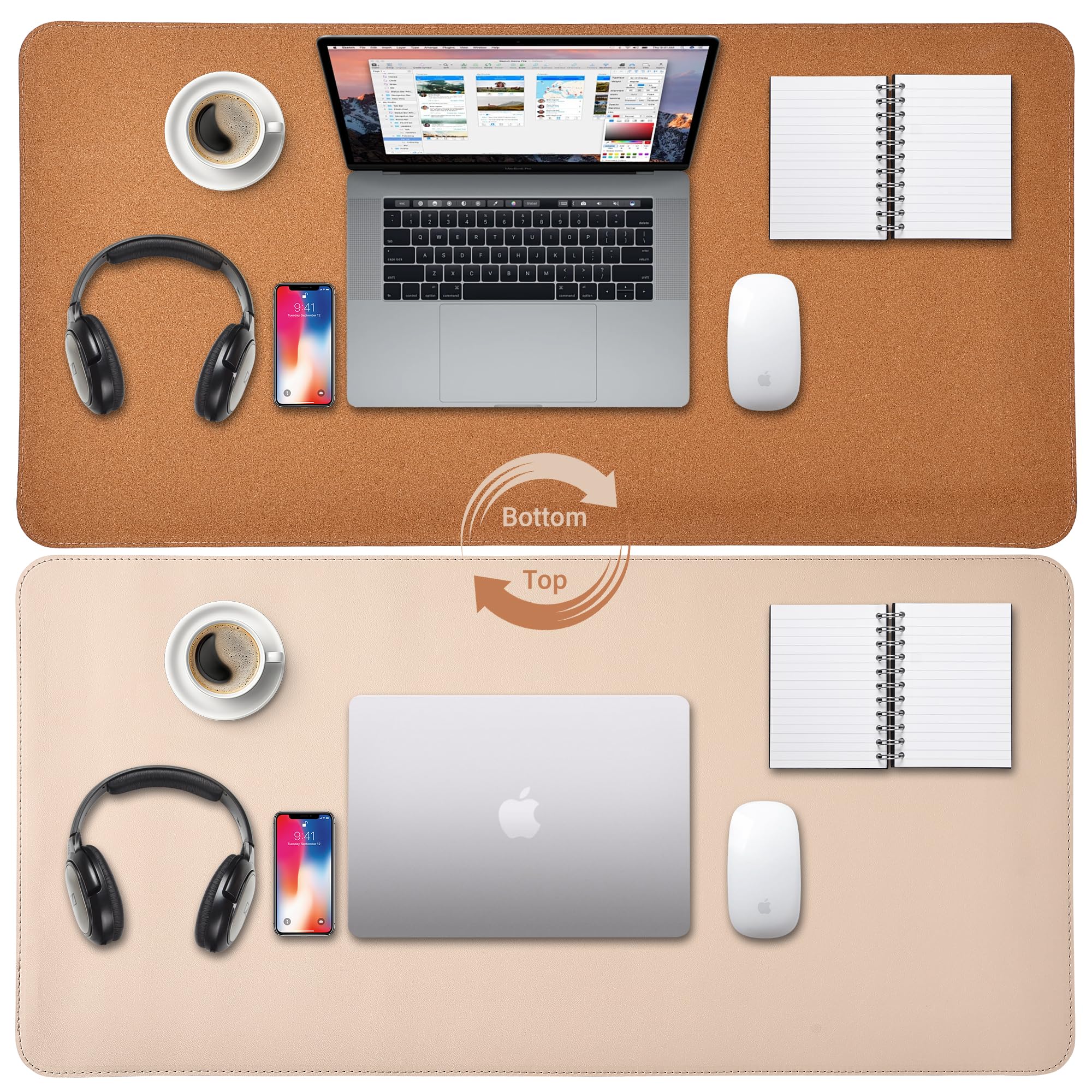 TORVEN Schreibtischunterlage 80 x 40 cm – Schreibtisch Unterlage aus Leder und Kork, Desk Mat in Schwarz, Grau, Beige, Braun, Rosa, Schreibunterlage Rutschfest & Wasserdicht & Leicht zu Reinigen