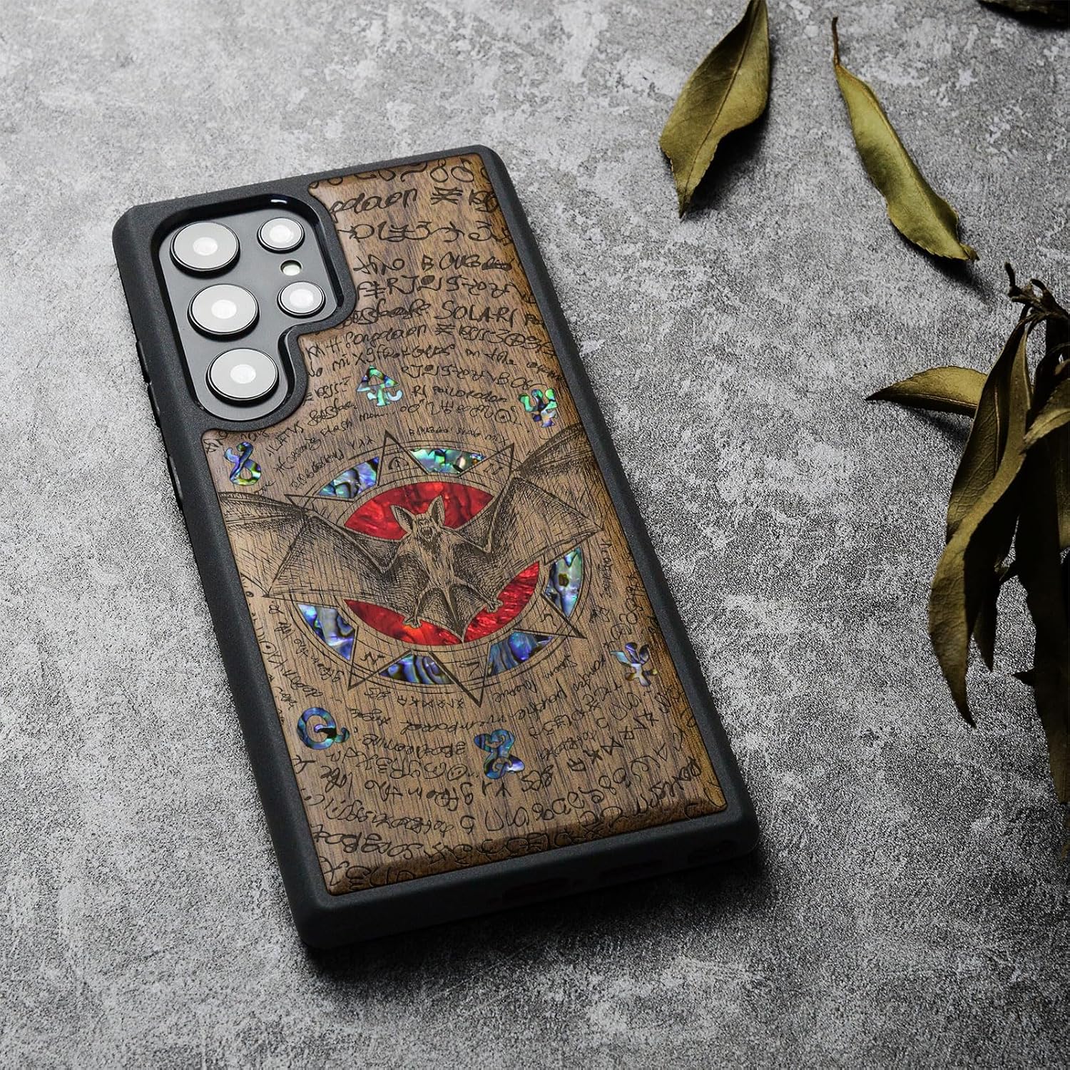 Carveit Designer Wooden Case for Samsung Galaxy S23 Ultra Cover [Wood Engraving & Shell Inlay] Compatible with Wireless Chargers S23 Ultra Case (Bat and Octagonal Star-Walnut)