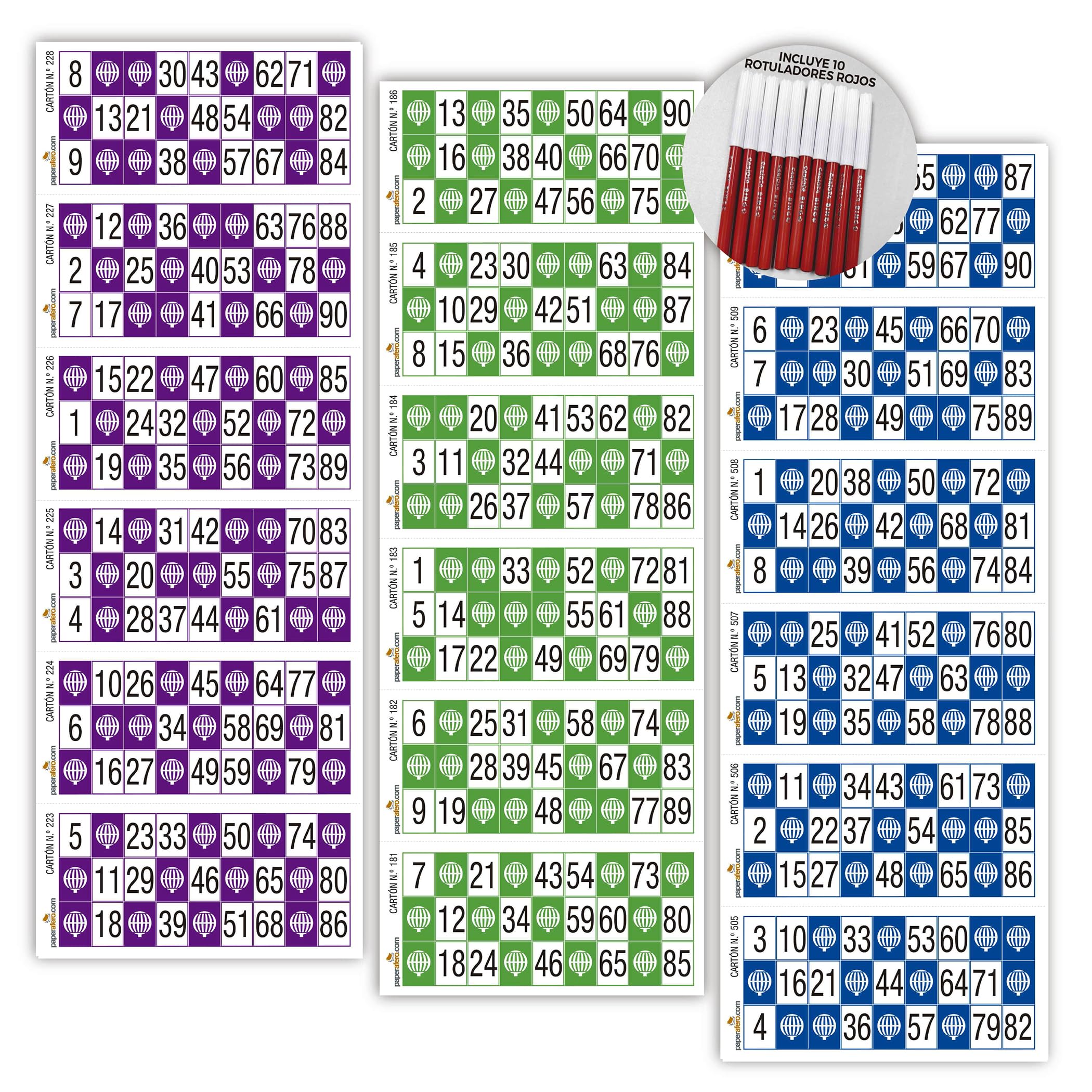 Paperafero | 1800 Cartones Bingo de 90 Bolas en Verde, Azul y Burdeos + 10 Rotuladores Rojos | Bingo Cartones : Asociaciones, Eventos, Fiestas, Residencias, Actividades, etc | Cartones de Bingo