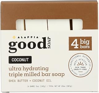 Alaffia Coconut Good Soap Value Pack 4 Count 20oz - Fair Trade Shea Butter Triple-Milled Moisturizing Bar for All Skin Types