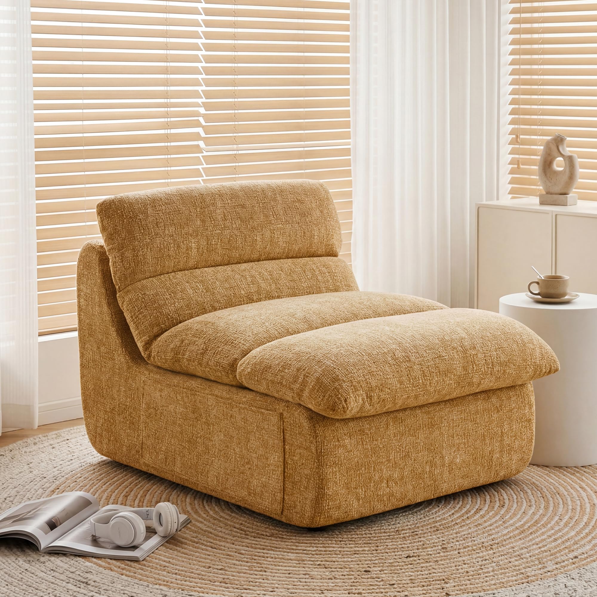 FurniSoar XXL Sitzsack Karamellbraun Chenille, Hochdichter Kompressionsschaum, Formstabil, Samtig Weich & Kuschelig, Abnehmbarer Waschbarer Chenille-Stoff, Relaxsessel für Wohnzimmer