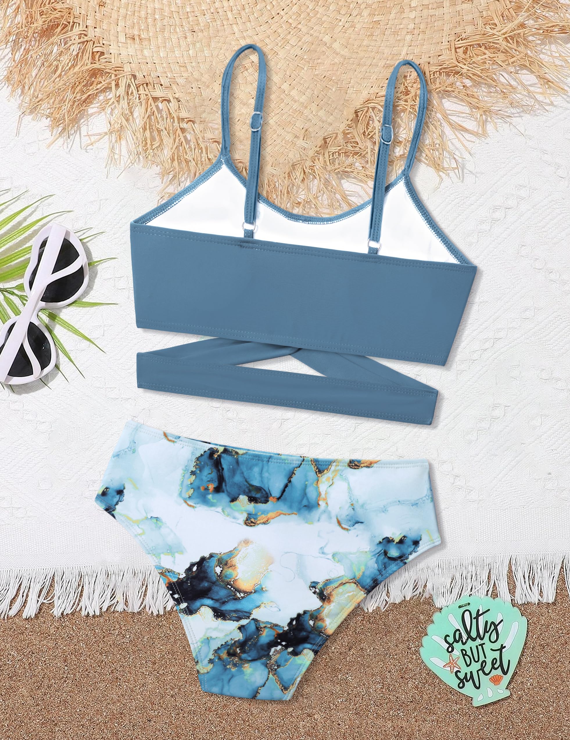 Traje de baño para niñas, conjunto de bikini de dos piezas, traje de baño entrecruzado para niñas con almohadilla en el pecho