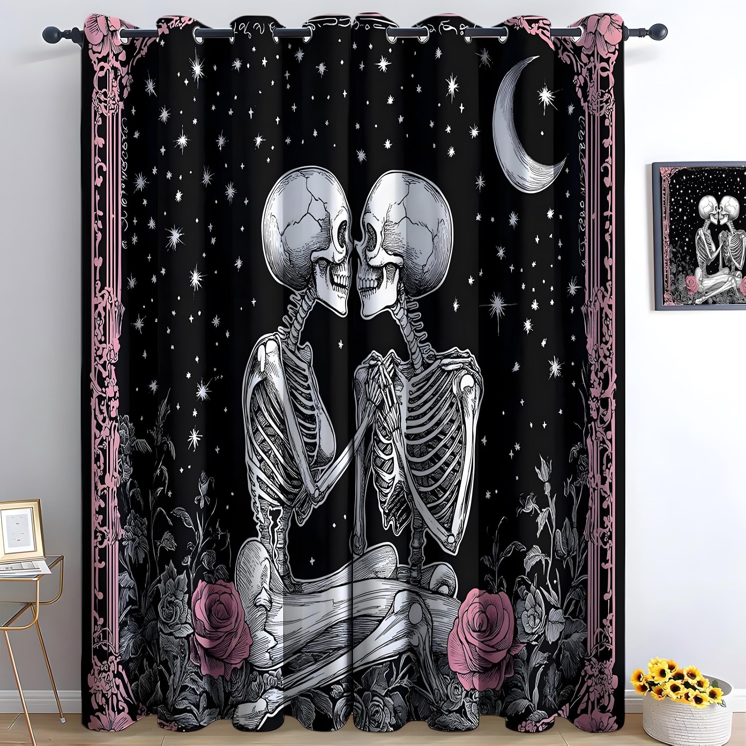 YZQGLHP Black Curtains, W 46" x L 54" (117 x 137 cm), Cartoon Skull Blackout and Heat-Insulating Curtains, Curtain 2 Pieces in a Pack, Suitable for Bedrooms and Living Rooms