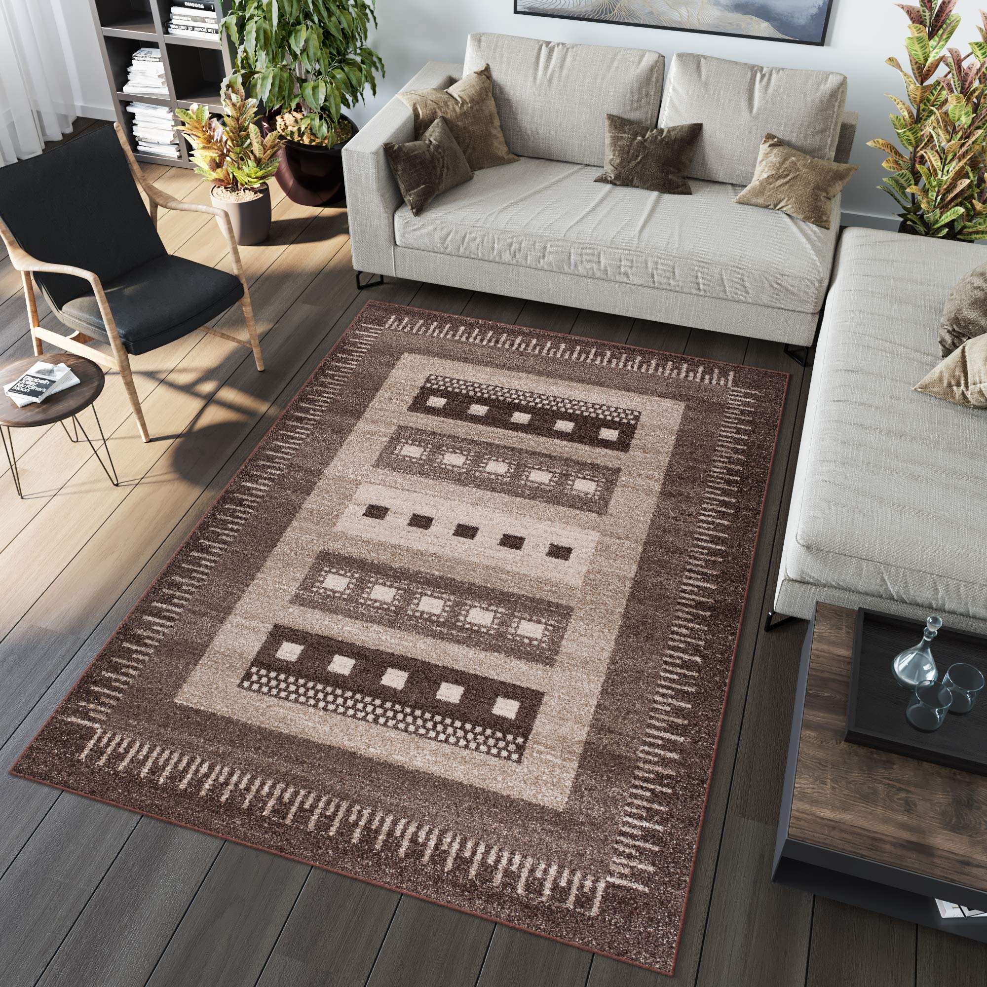 Tapiso® Dywan Sari z krótkim włosiem | melanżowy dywan w kolorze beżowo-brązowym z abstrakcyjnym wzorem vintage w paski w kratkę diamentową | idealny do salonu, pokoju gościnnego, jadalni | Ökotex 180 x 260 cm