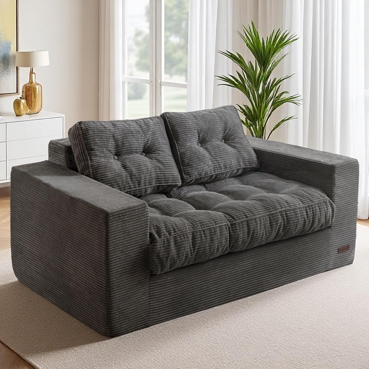 MAXYOYO Loveseat Sofa Couch, Upholstered Bean Bag Chair Cloud 2-Seat for Adults, Boneless Couch with Tufted Cushion & Pillows, Sofa in A Box, No Assembly Required, Dark Grey