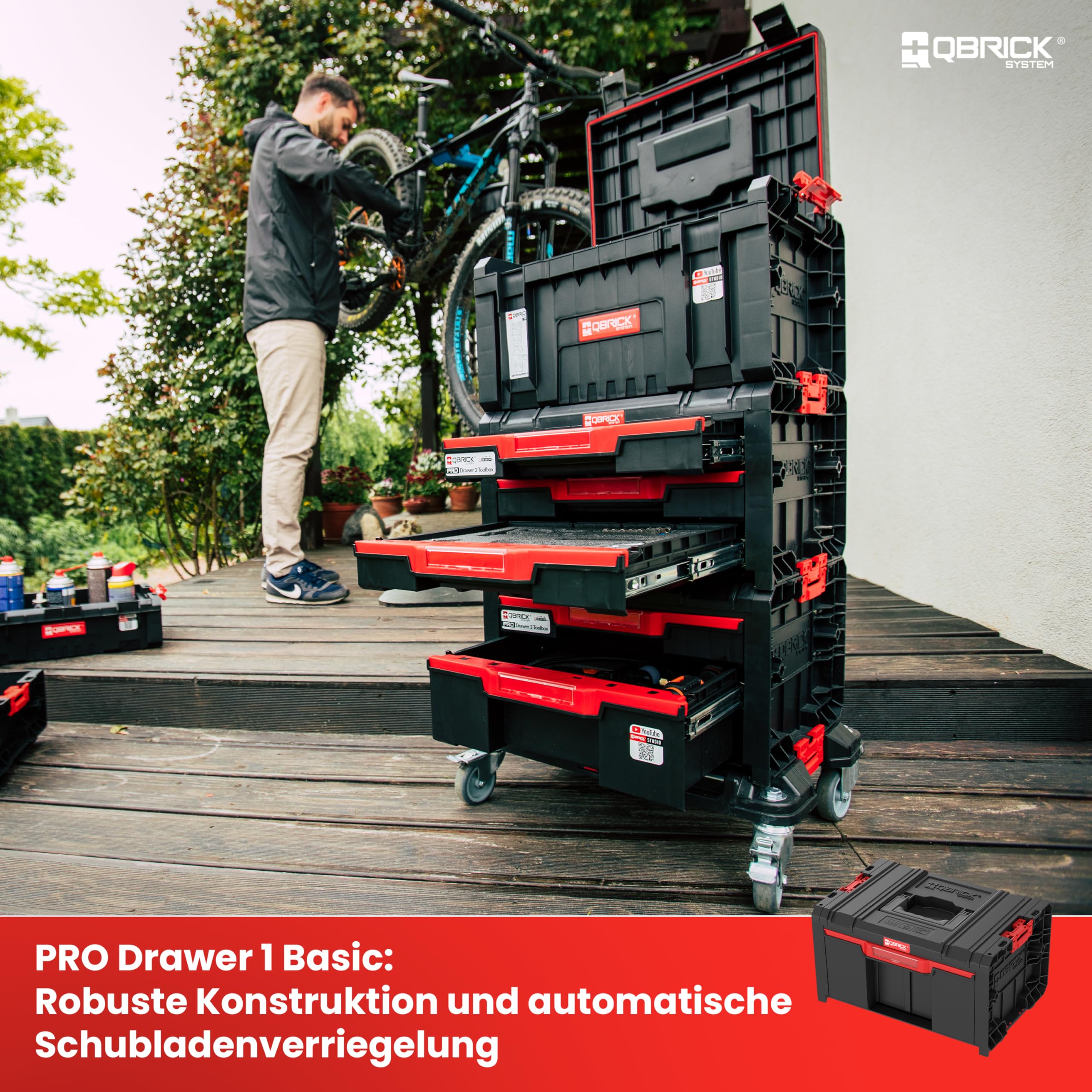 Qbrick System Werkzeugkoffer Pro Drawer 1 Toolbox 2.0 Basic Black Werkzeugkasten mit tiefer Schublade Robust Automatische Blockade Modular