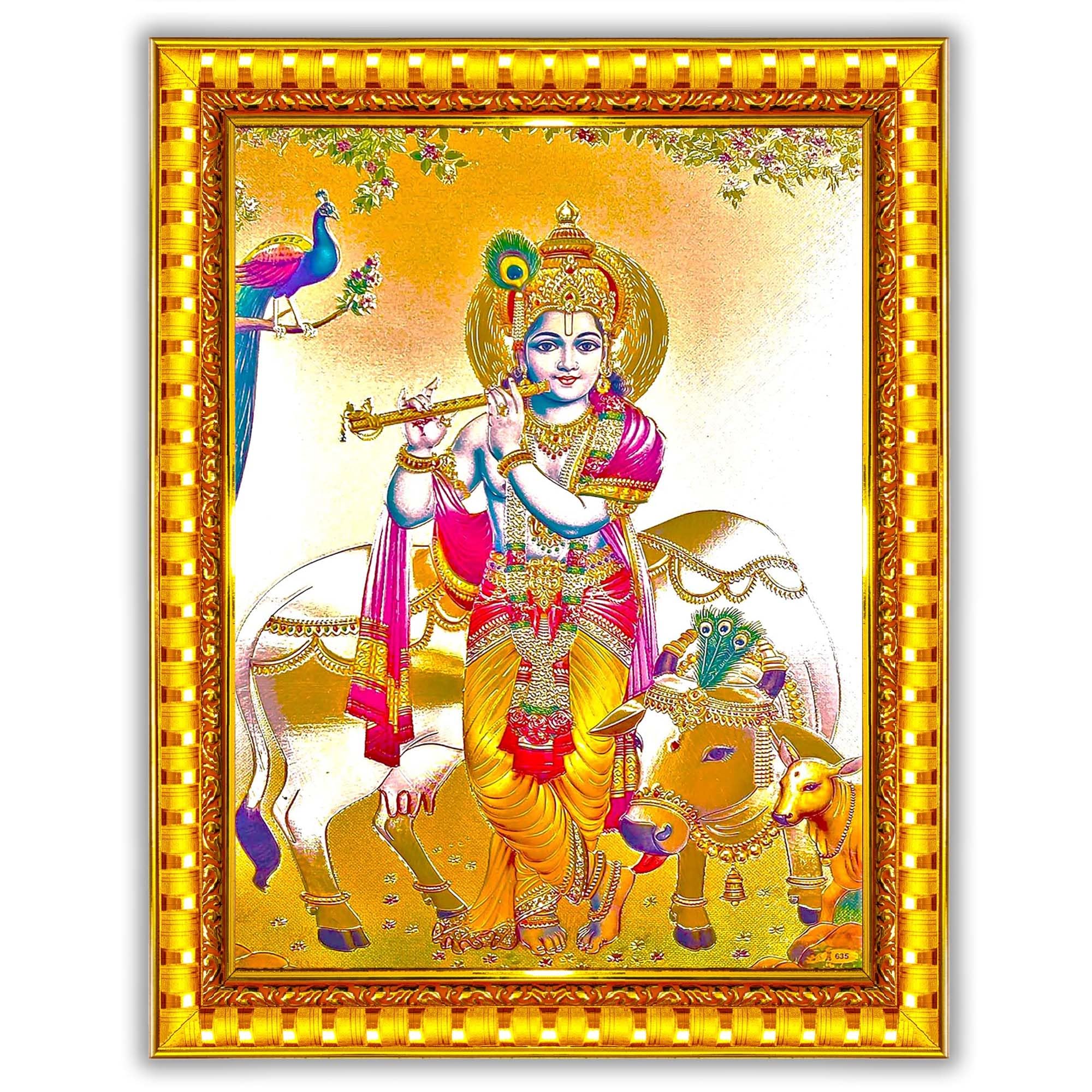 Lord Gopala Krishna Murali Gopal Cow Calf Wall Painting Framed Home Decor (Wood,Matte,Gold,Small Size,6 x 8 Inch) G170S