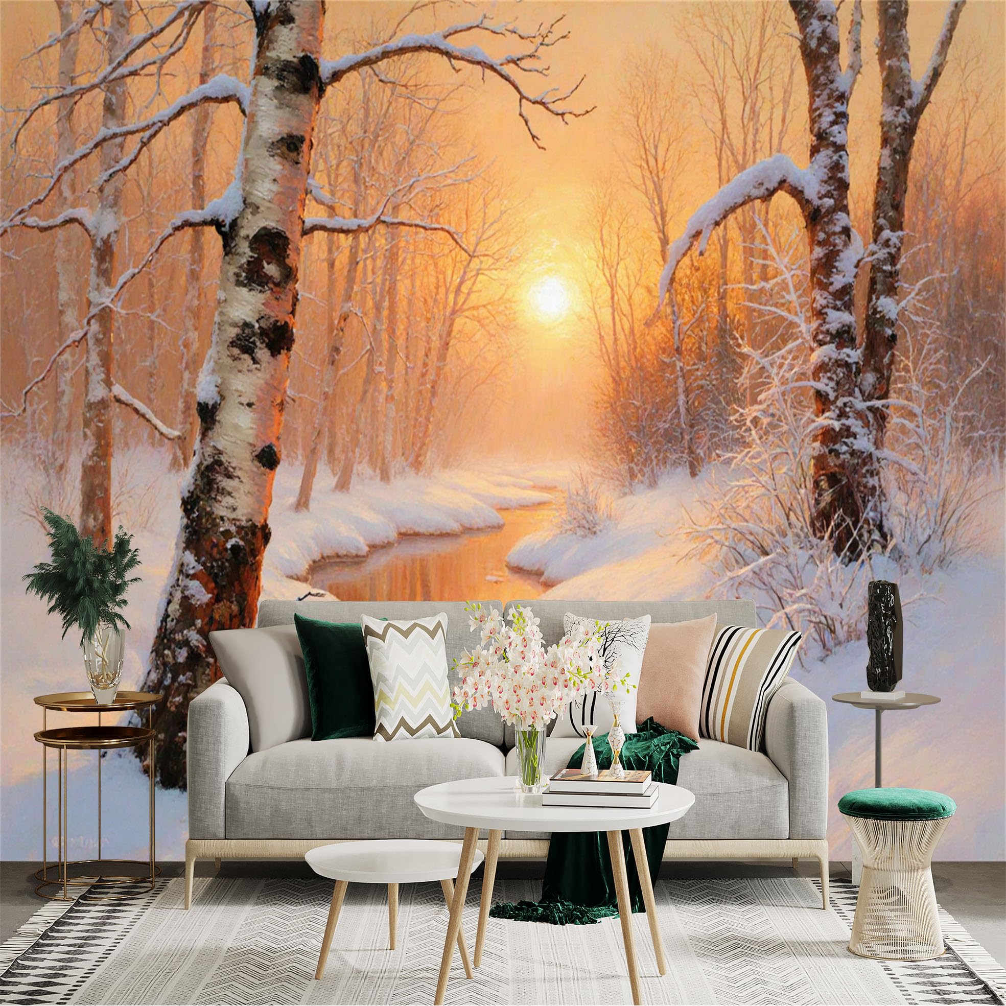 Lnzczhyre Xc260505295 Custom Size Wall Sticker Mural， Snowy Winter Forest With Golden Sunset， Frozen River And Birch Trees， For Wall Decoration， Peelandstick Wall Decals.
