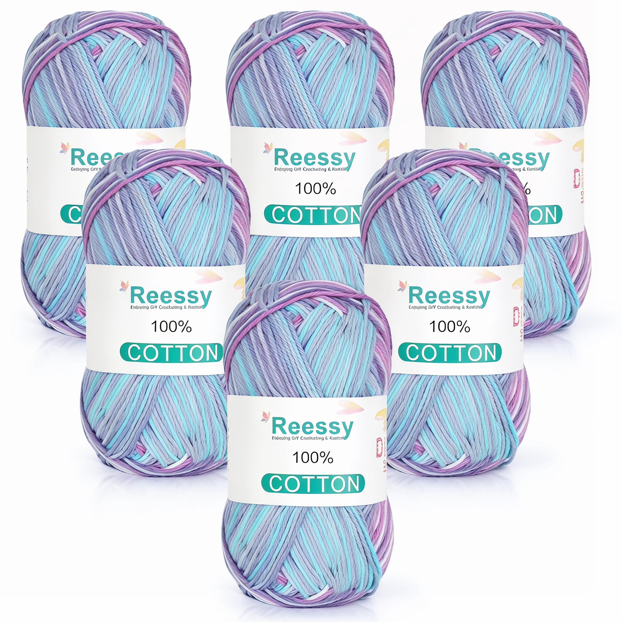 Reessy 100% Cotton Yarn for Crochet and Knitting, 6 Skeins (50g Each, 300g Total), Ideal Crochet Yarn for Dishcloths, Baby Blankets, Wearables & DIY Crafts(Ocean Aurora)