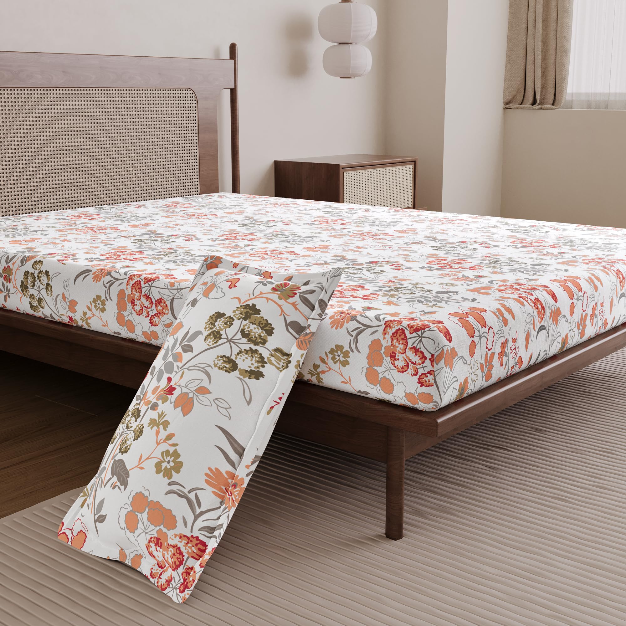 Divine Casa 100% Cotton Single Bedsheet with 1 Pillow Cover | Soft Skin Friendly Breathable Bed Sheet Set for Single Bed | Printed Bedding for Bedroom | 145 x 223 cm (Peach Blush, Floral)