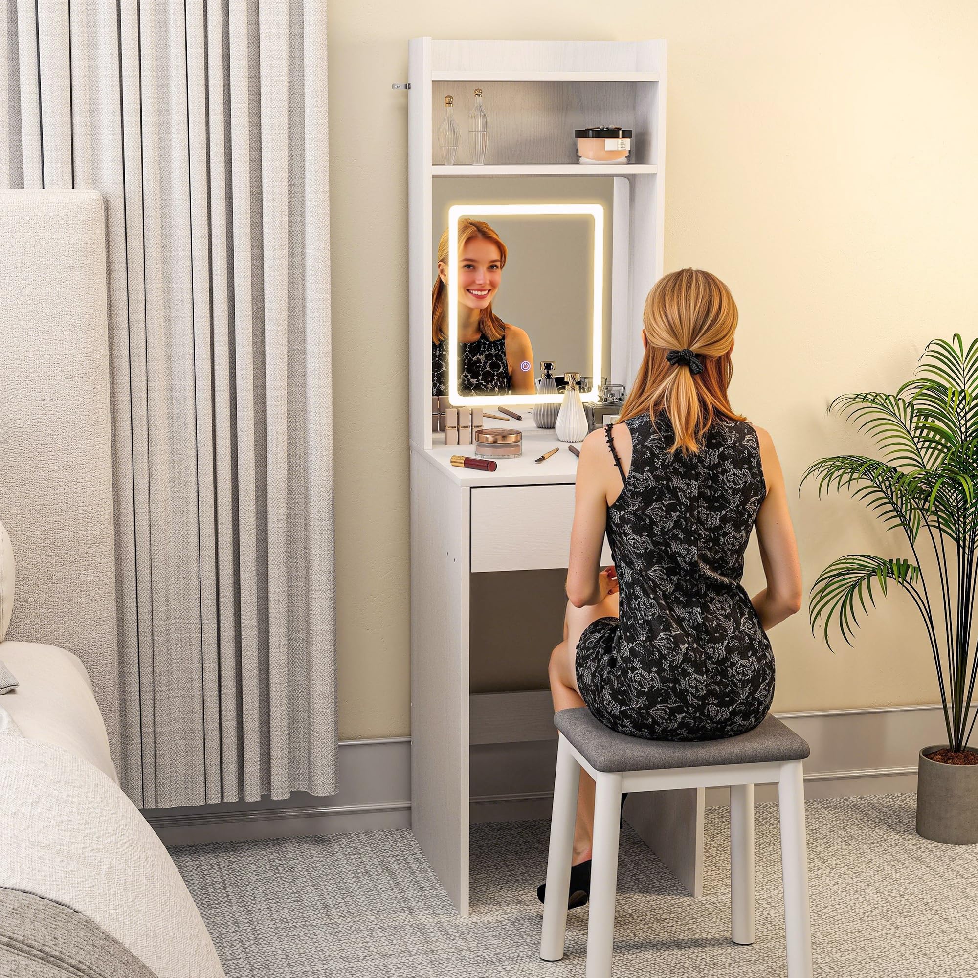 HOMCOM Tocador de Maquillaje con Luces LED de Color Ajustable en 3 Tonos y Espejo Tocador Pequeño Moderno con Lateral Abatible Cajón Compartimentos Abiertos para Espacios Pequeños Blanco
