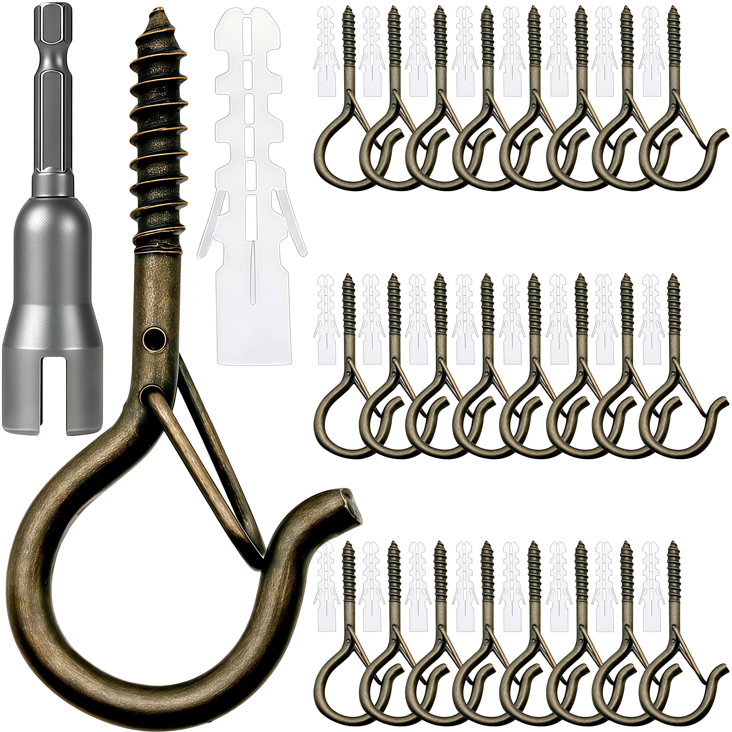 Mostantu 25 Pack Q-Hanger Hooks with Safety Buckle, 25Pcs Windproof Cup Screw Hooks and 25Pcs Plastic Install Anchor and Wing Nut Driver for String Lights Hanging Christmas Lights, Plants (Bronze)