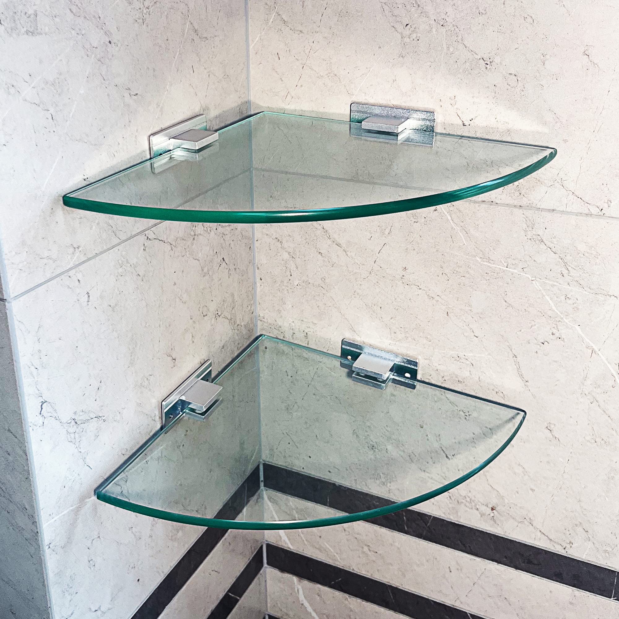 Mensola in vetro temperato da bagno triangolare 8 mm extra spesso 2 pezzi con staffa in alluminio