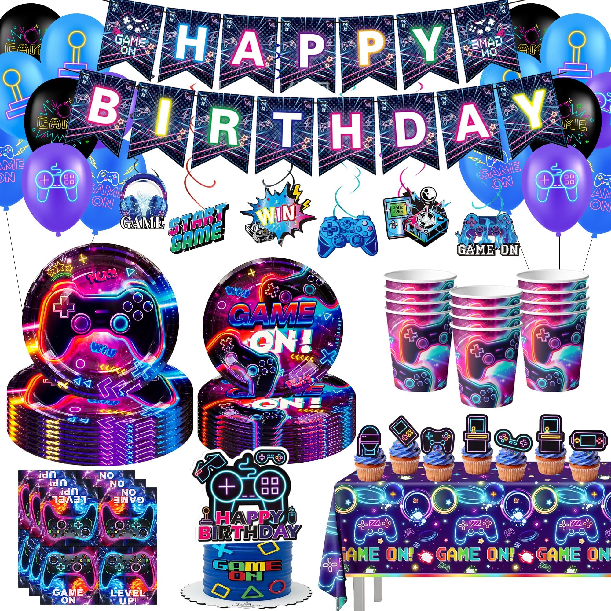 111Pcs Video Game Birthday Decorations, 16 Guests Glowing Video Game Birthday Party Tableware Cups Plates for Video Gaming Birthday Party Decorations Supplies