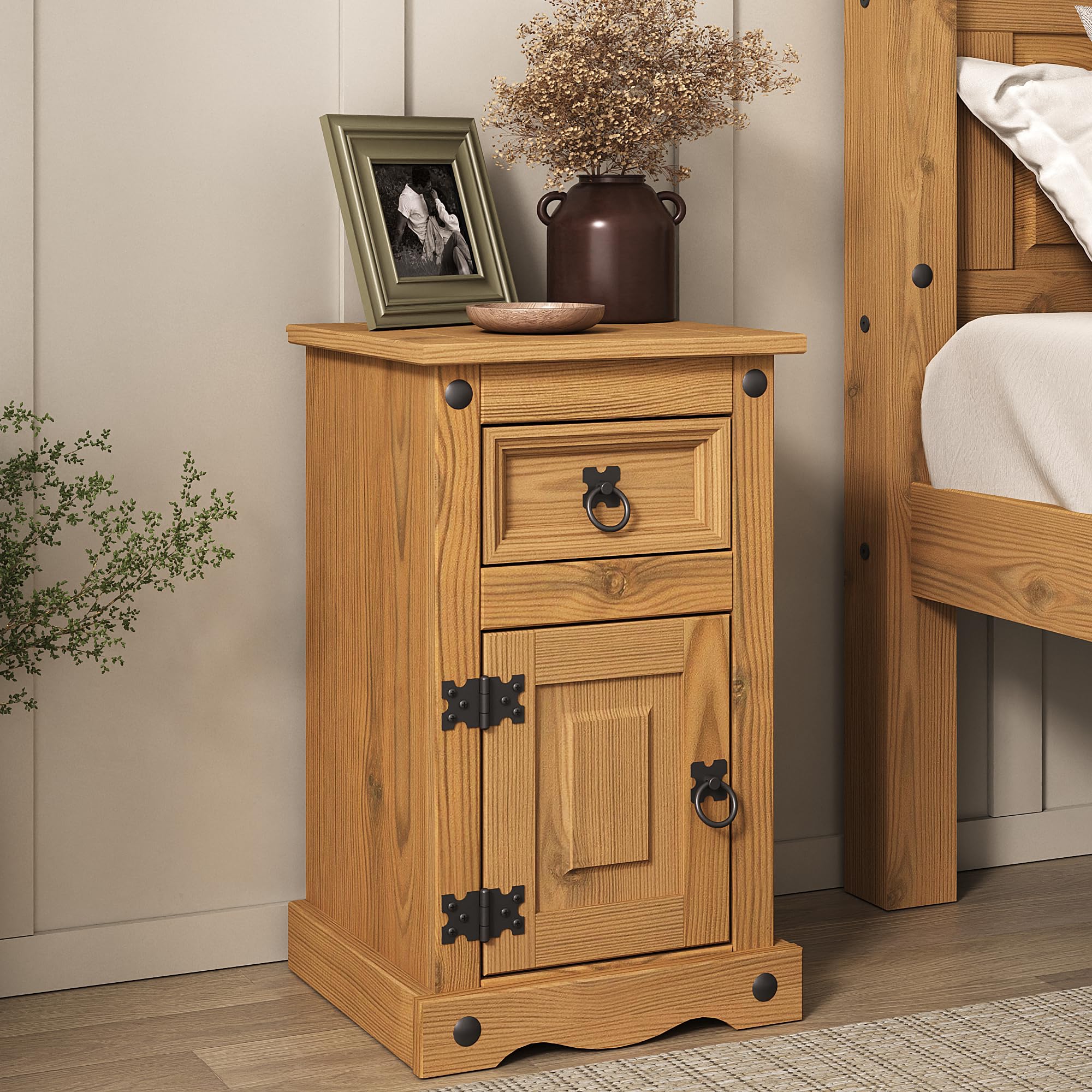 Mews Corona Bedside Table Waxed Pine 1 Drawer 1 Door Brown