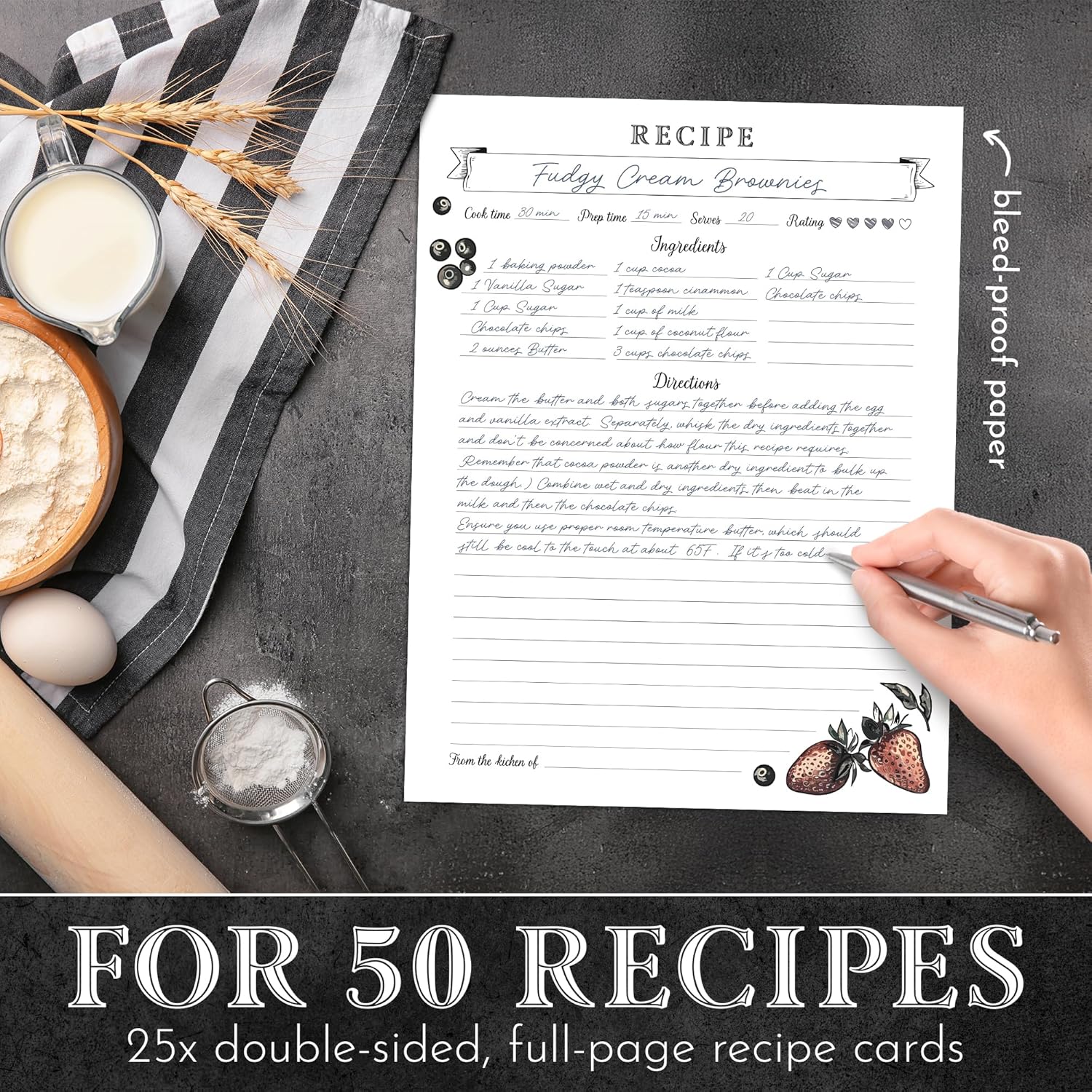 Elegant Black Recipe Binder Organizer, 3 Ring Cookbook Binder with Fruit, Pastries & Cheese Cover, Custom Black Dividers, 25 Protective Pages, 12 Categories, Cooking Conversions & Tips