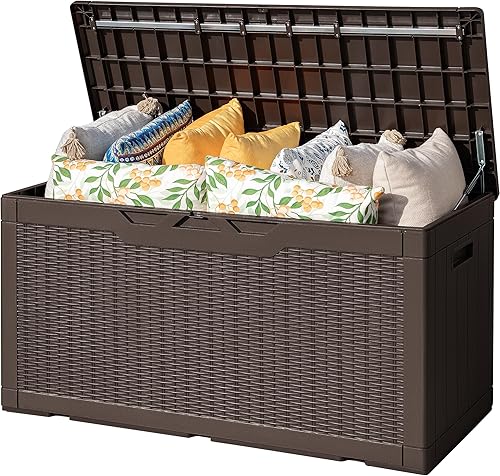 Miniatura 1 de Flamaker Caja de almacenamiento para exteriores, caja de resina impermeable de 100 galones, con barra de aire, banco de almacenamiento con cerradura