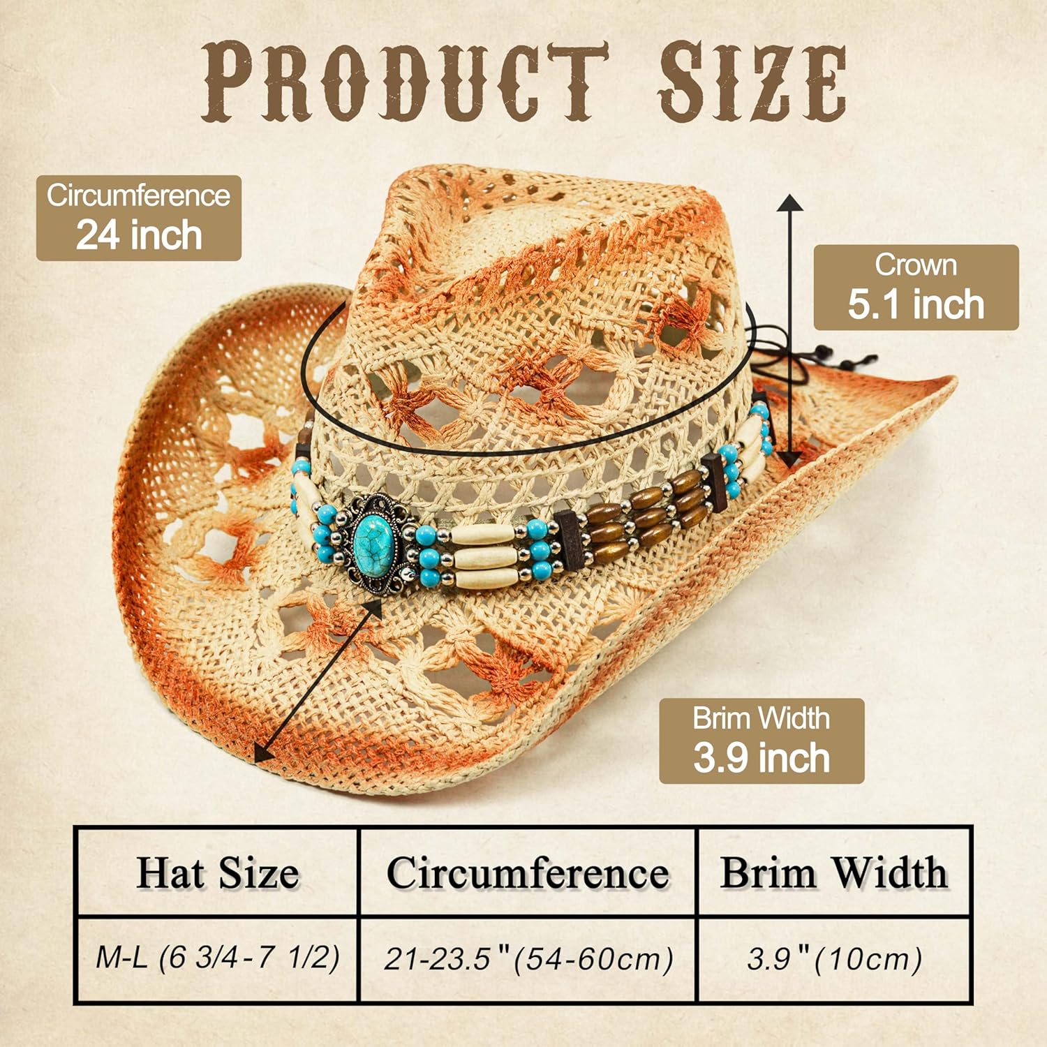 FLUFFY SENSE. Cowgirl Hats for Women Straw Cowboy Hat Western Beach Sun Hat with Shapeable Brim for Coastal Cowgirl - Image 7
