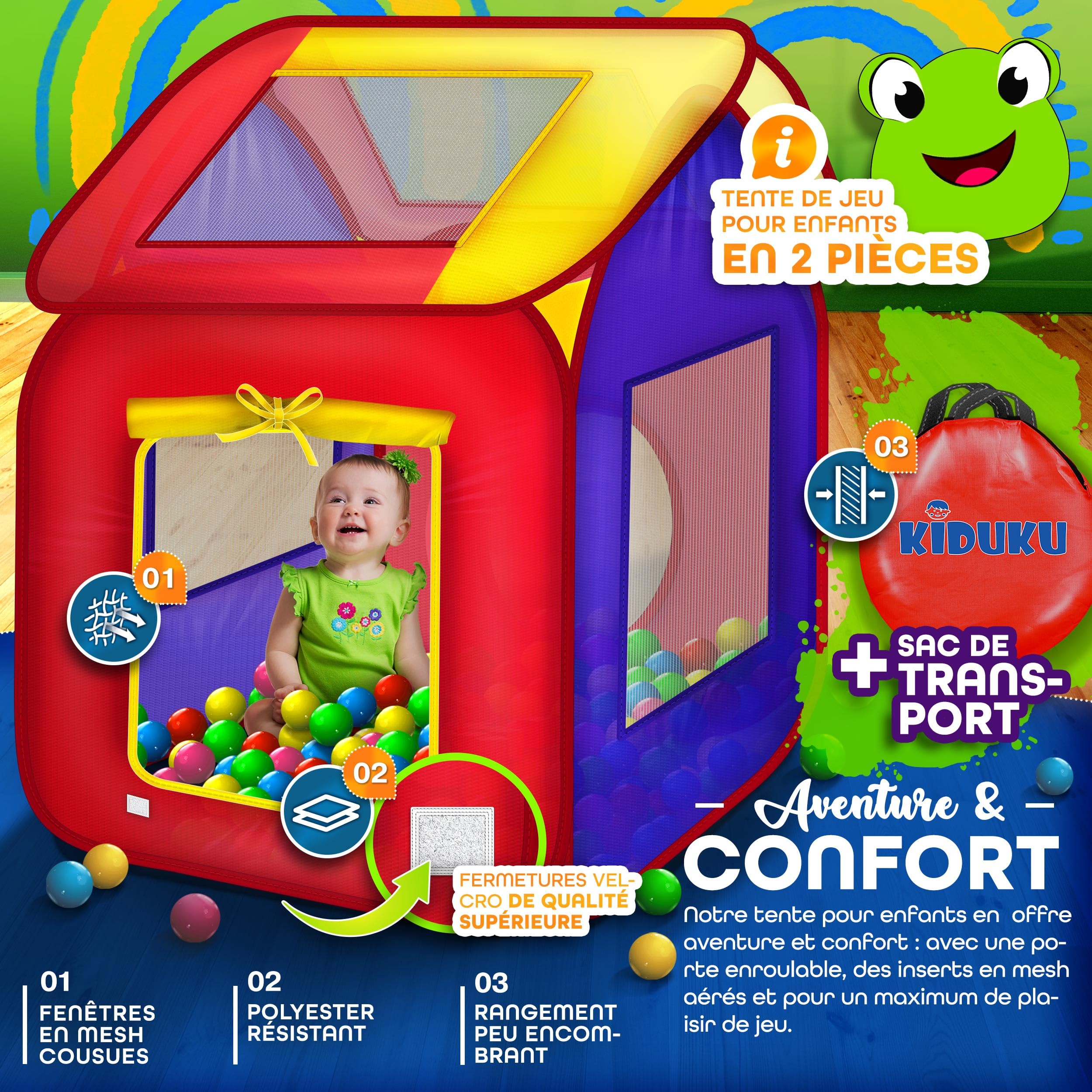 KIDUKU® Tente de Jeu Pop Up + 200 balles + étui de Transport pour l'intérieur et l'extérieur