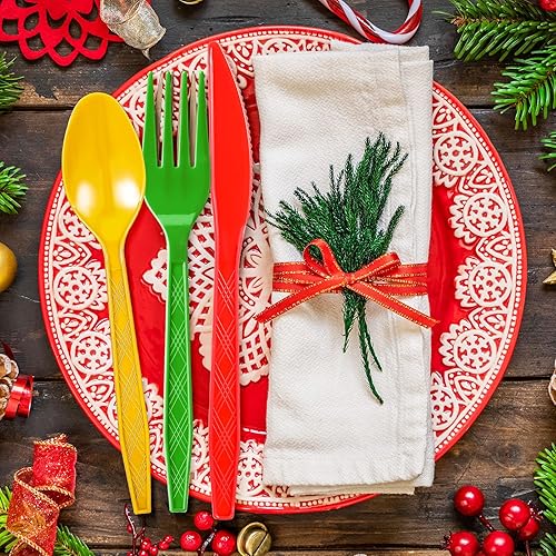 Miniatura 6 de Gerrii Juego de cubiertos de plástico desechables de Navidad de 150 piezas, incluye 50 cucharas doradas, 50 tenedores verdes y 50 cuchillos rojos