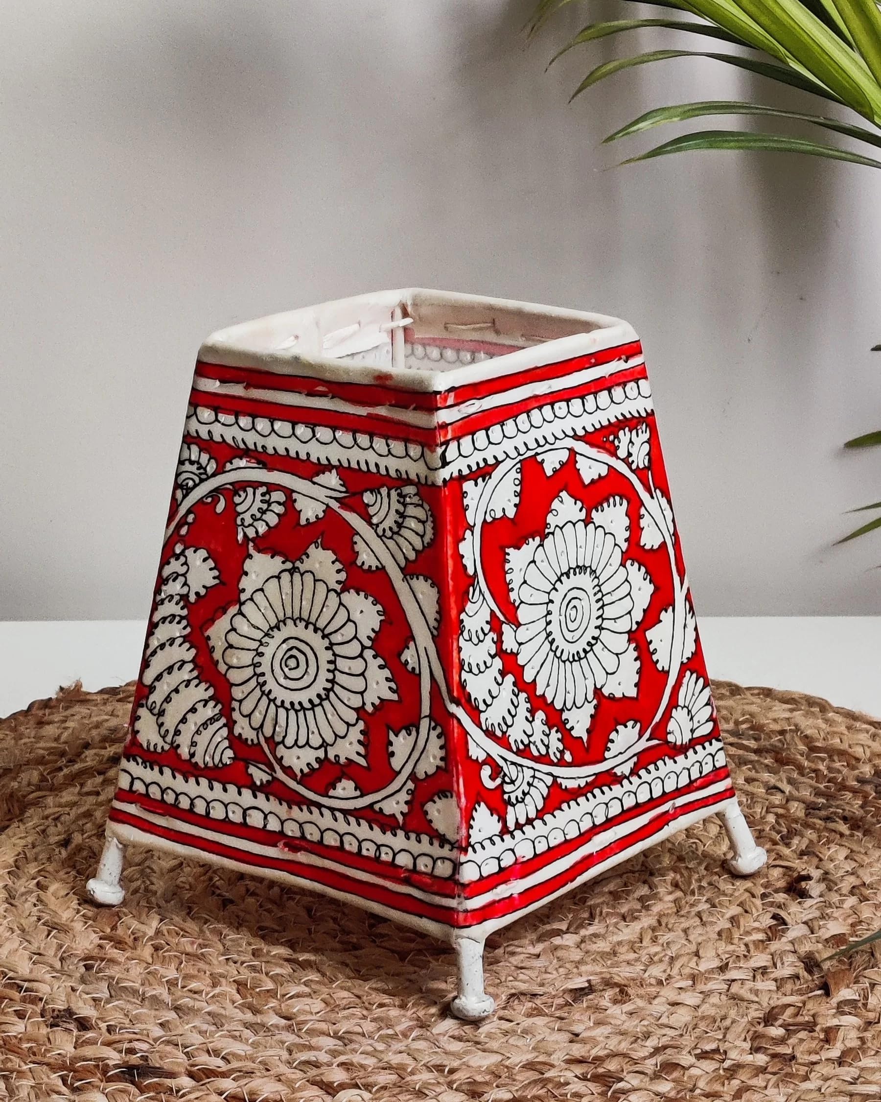 Siya Souvenirs Handpainted Handcrafted Red Tholu Bommalata Leather Table Lamp | Indian Art Home Decor | with Bulb Holder & Plug | Festive Gifting-picture-19