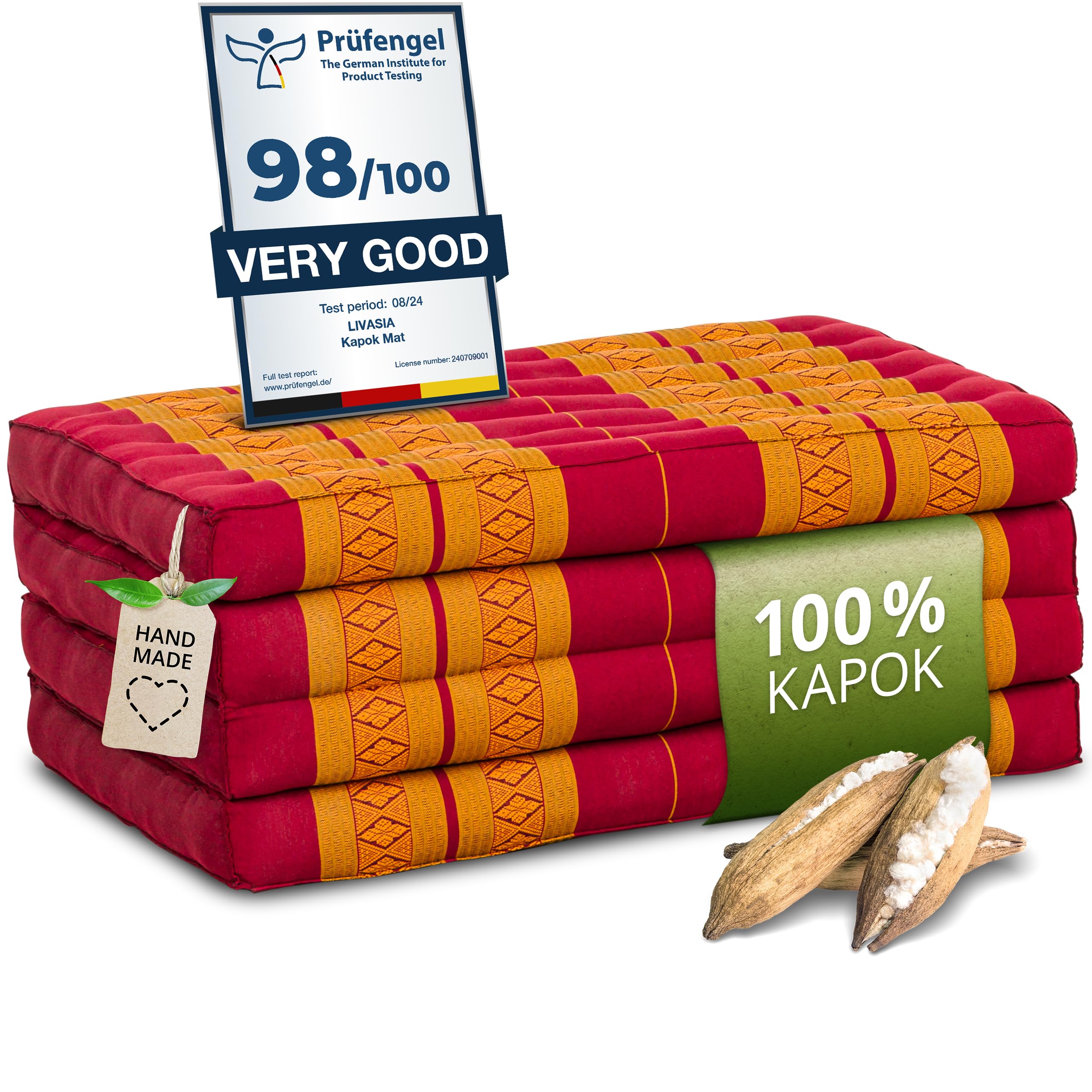 livasia Colchón Plegable sostenible de kapok - 200x80x8cm - Colchón de Invitados, Cama Plegable Furgoneta, Esterilla ecológica Yoga, Cama Invitados Plegable, Jardín y balcón (Rojo/Amarillo)