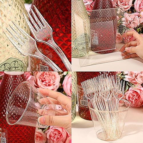 Miniatura 4 de Mifoci Juego de vajilla desechable de plástico de 300 piezas para fiestas, 100 platos de plástico con purpurina de 6.5 pulgadas con 100 tenedores de