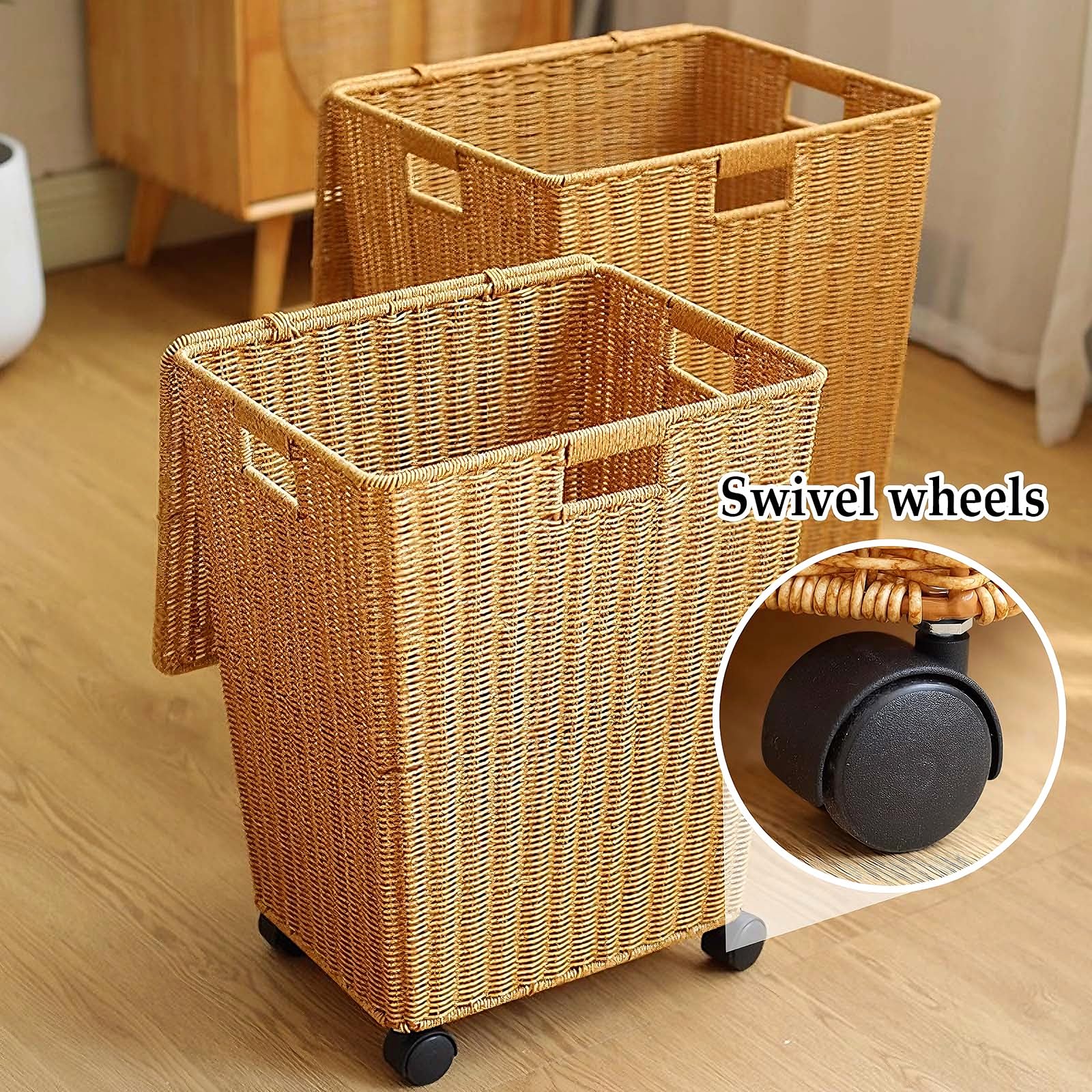 Cesto portabiancheria con ruote e coperchio, cestino intrecciato in finto rattan per soggiorno, bagno, camera da letto e balcone, facile da spostare e organizzare