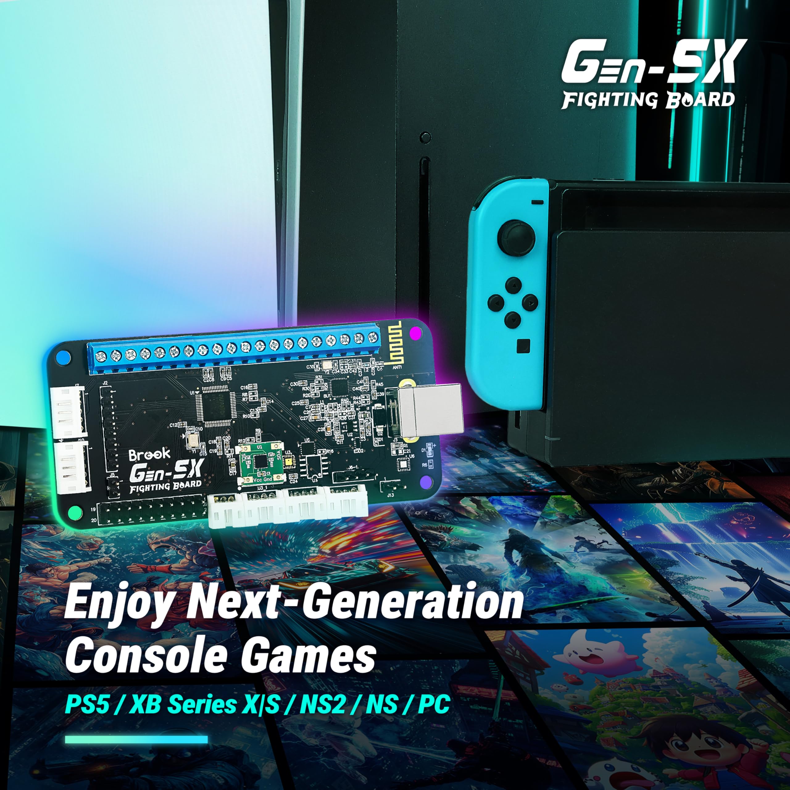Brook Gaming Gen5X Fighting Board z naklejką – Ultimate Multi-Platform obsługuje PS5 XB Series XS NS i PC – błyskawiczny czas reakcji w grach walki [Wersja Ekskluzywna]