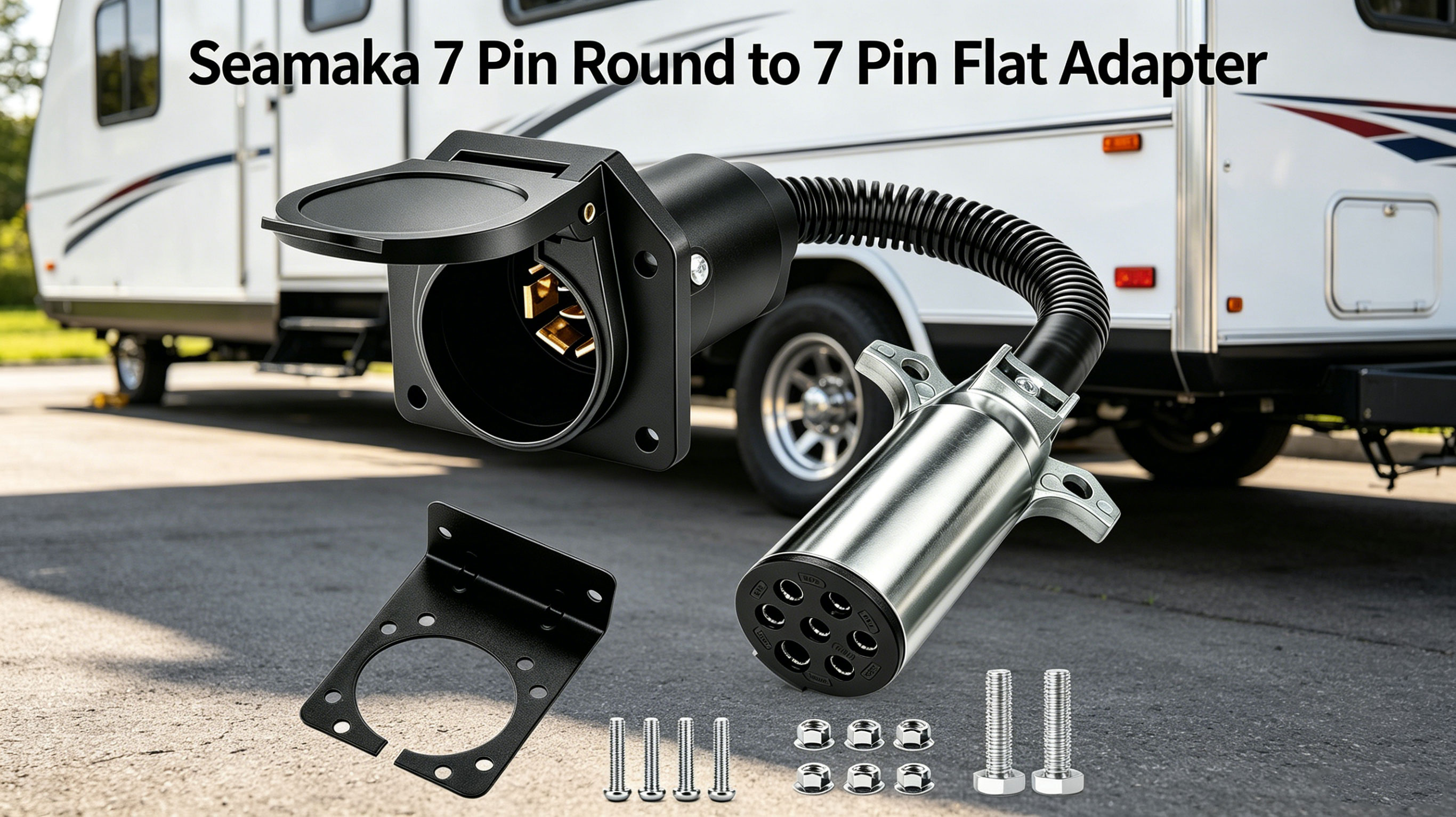 Image of 7 Pin Round to 7 Pin Flat Adapter,7 Pole Round to 7 Way RV Blade Trailer Plug,Trailer Wiring Harness Adapter with Mounting Bracket