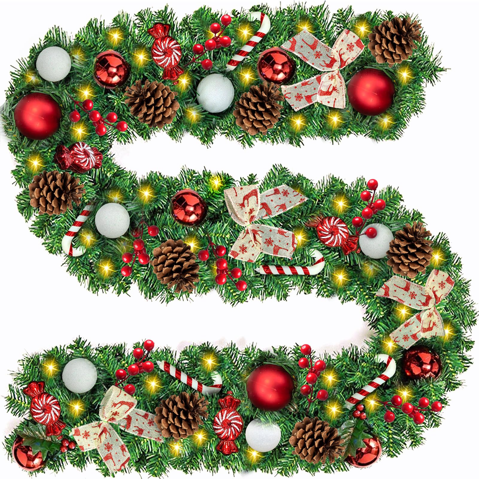 Weihnachtsgirlande 2.7M,mit Beleuchtung 50 LEDs warmweiß, Kommt mit 45 Weihnachtsaccessoires，Künstliche Tannengirlande.Weihnachtsdeko Tannengrün mit Lichterkette & Deko für In- & Outdoor.