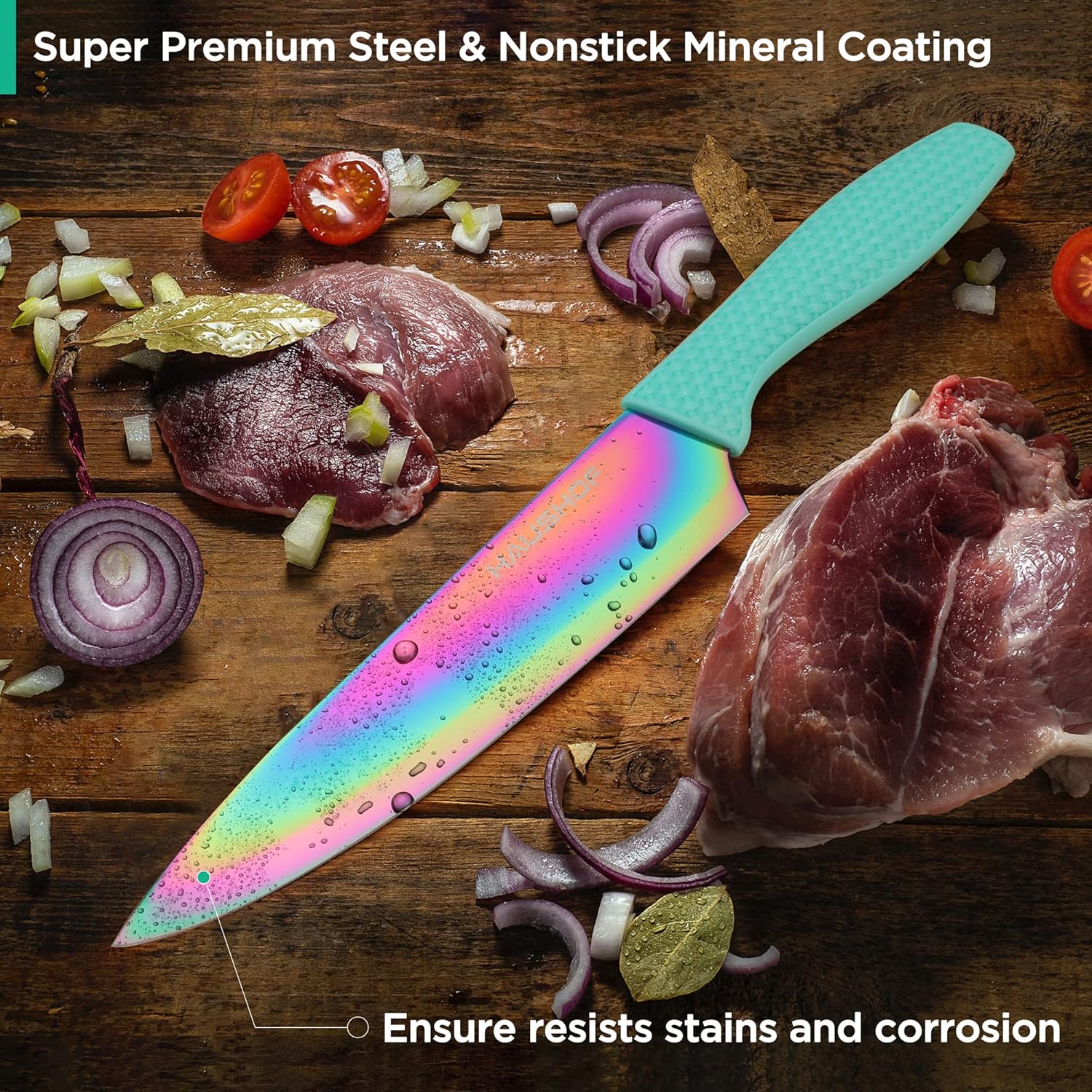 HAUSHOF Kitchen Knife Set, 5 Pieces Rainbow Knife Sets with Arcylic Block, Sharp Green Knives Set for Kitchen, Stainless Steel Knives Set with Ergonomic Handle, Great for Slicing, Dicing&Cutting