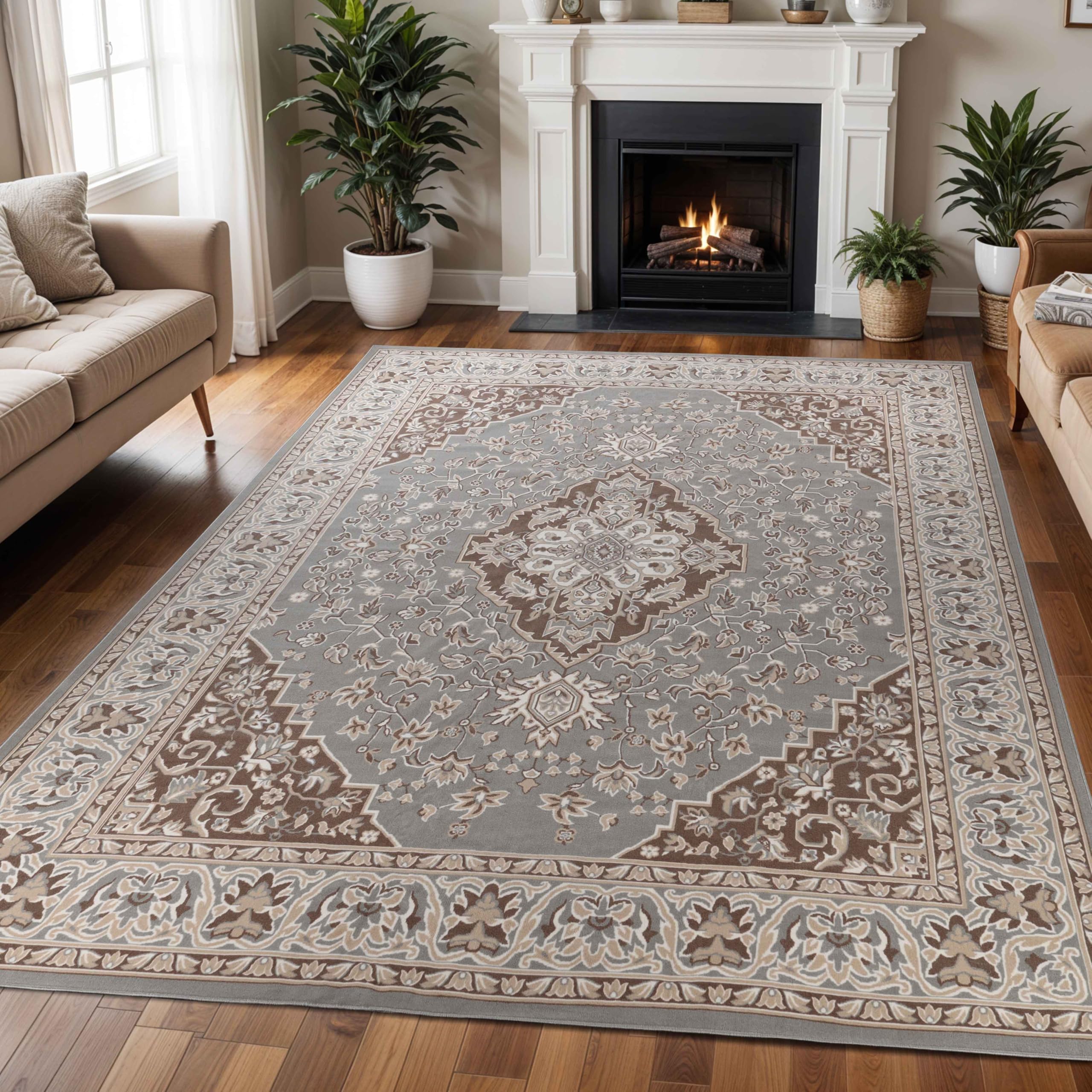 Superior Indoor Area Rug, Plush Carpet Cover, Traditional Oriental Medallion, for Kids or Pets, Hallway, Entry, Living Room, Dining, Bedroom, Office, Kitchen, Glendale Collection, 12' x 18', Grey