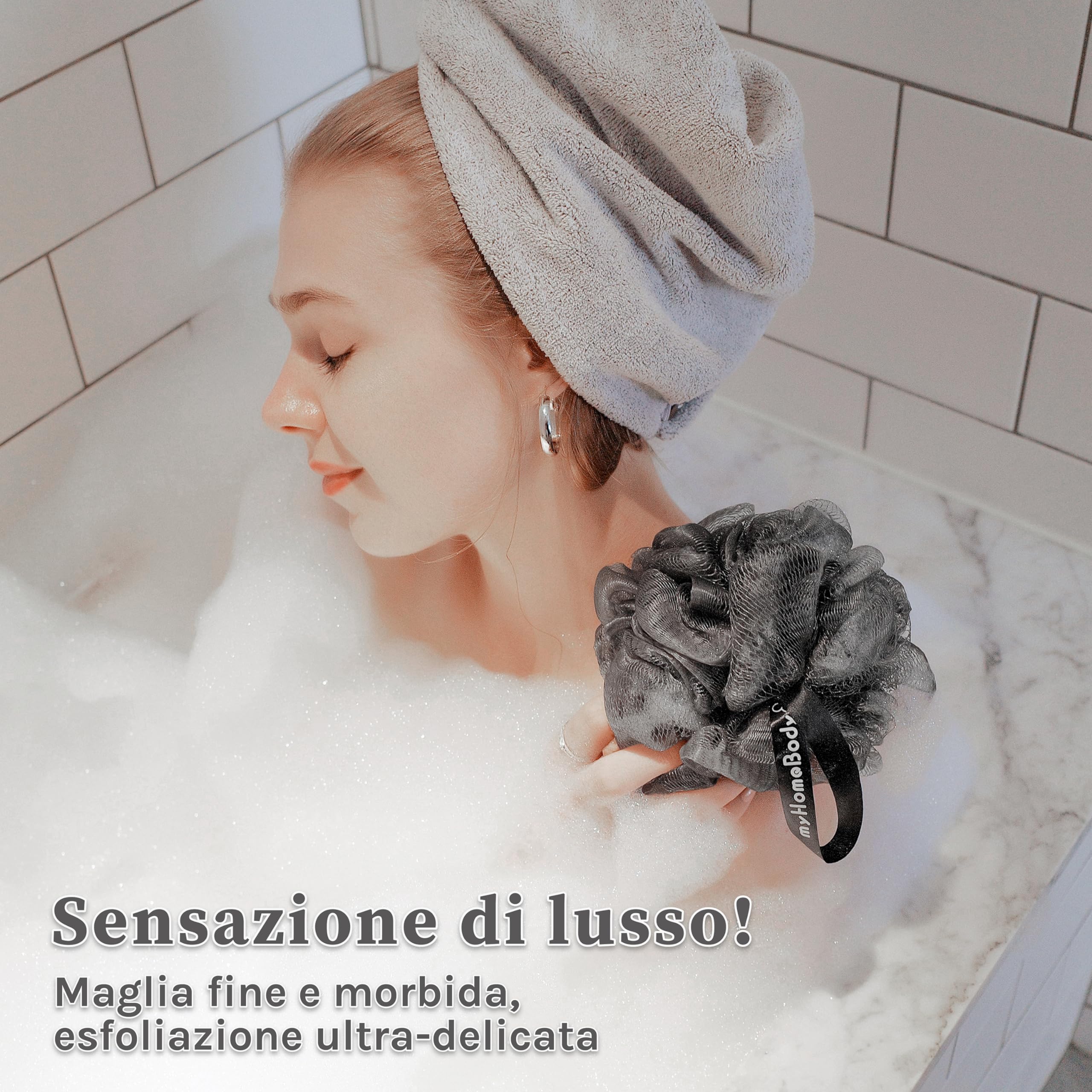 myHomeBody Spugna di luffa grande da 70 g, scrubber per il corpo, spugna da bagno, Spugna esfoliante - Pouf doccia con carbone attivo -2 Graphite Gray + 1 Sage Green, confezione da 3 pz