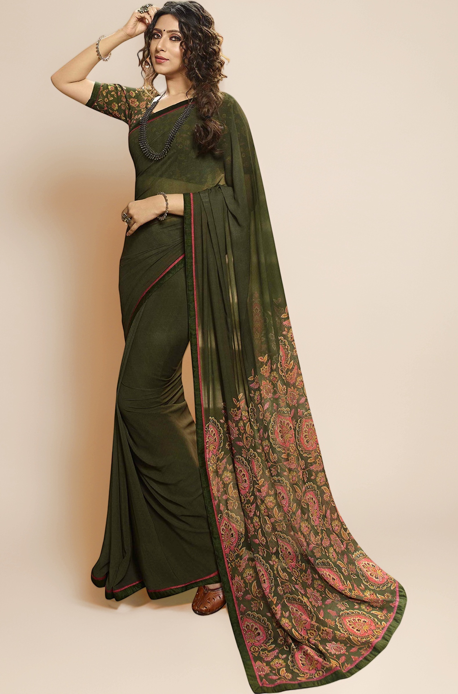 Women's Latest Stylish Fancy Floral Printed Georgette Sarees For Festive With Border & Blouse Piece (Multicolored)