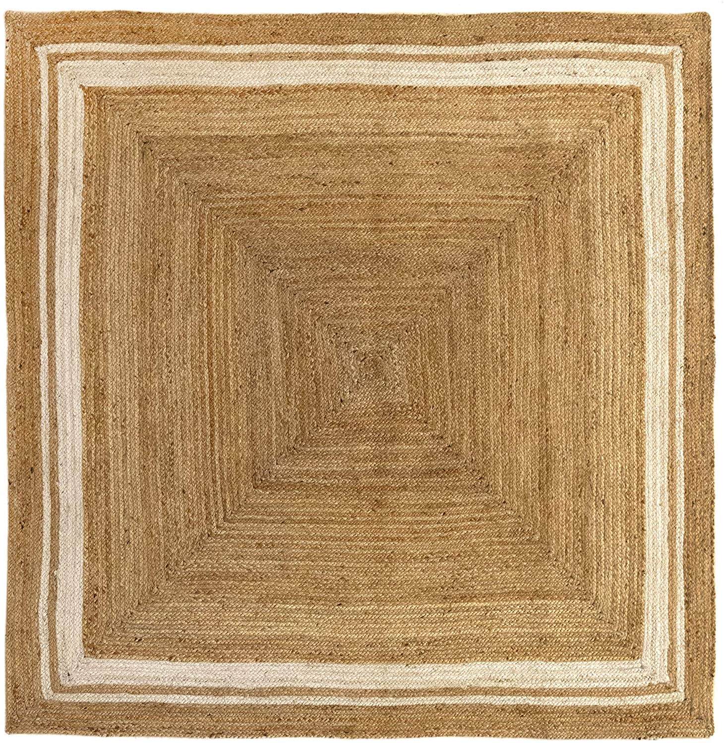 Tapis carré en Jute avec Lignes Blanches pour Salon (150 x 150 cm)