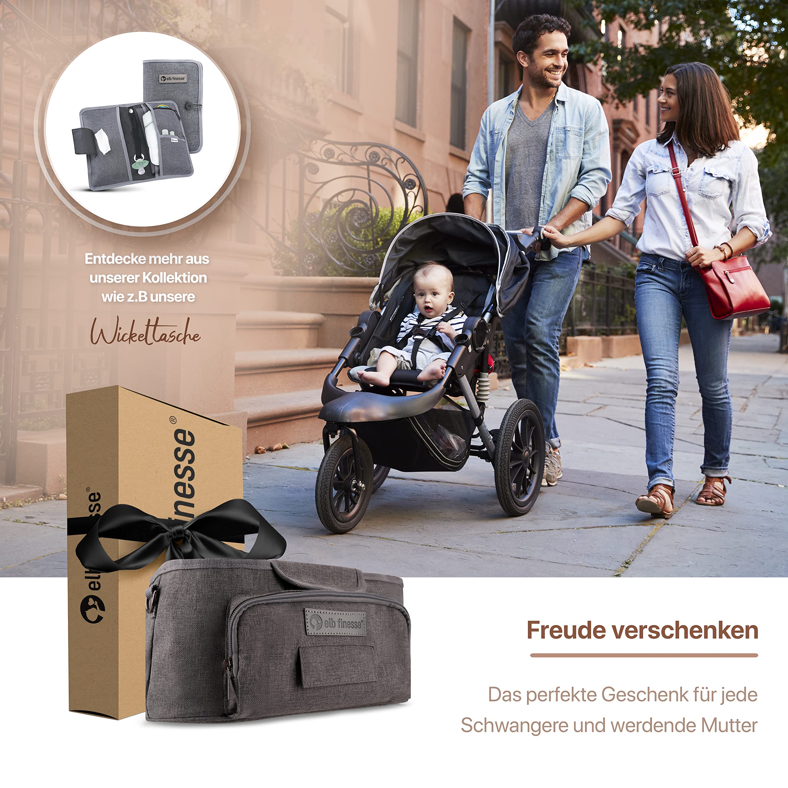 Premium Kinderwagen Organizer I Wasserabweisender Buggy Organizer inkl. Schultergurt I Kinderwagen Taschen I Kinderwagen Zubehör I Getränkehalter Kinderwagen (Grau)