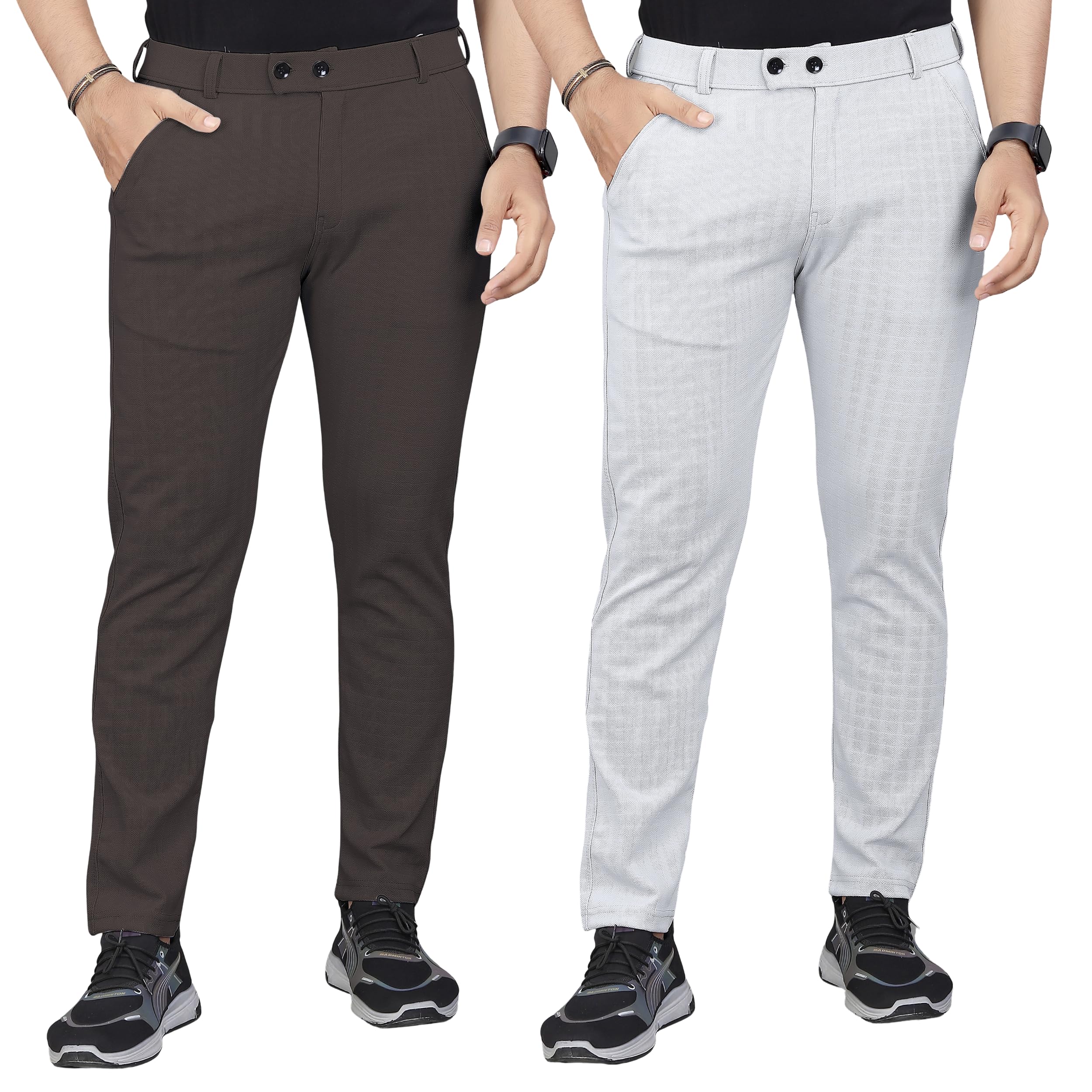 Men's Cotton Blend Self-Design Trousers | Mid-Rise Regular Fit Pants for Work, Travel & Casual Wear (Pack of 2)-picture-26