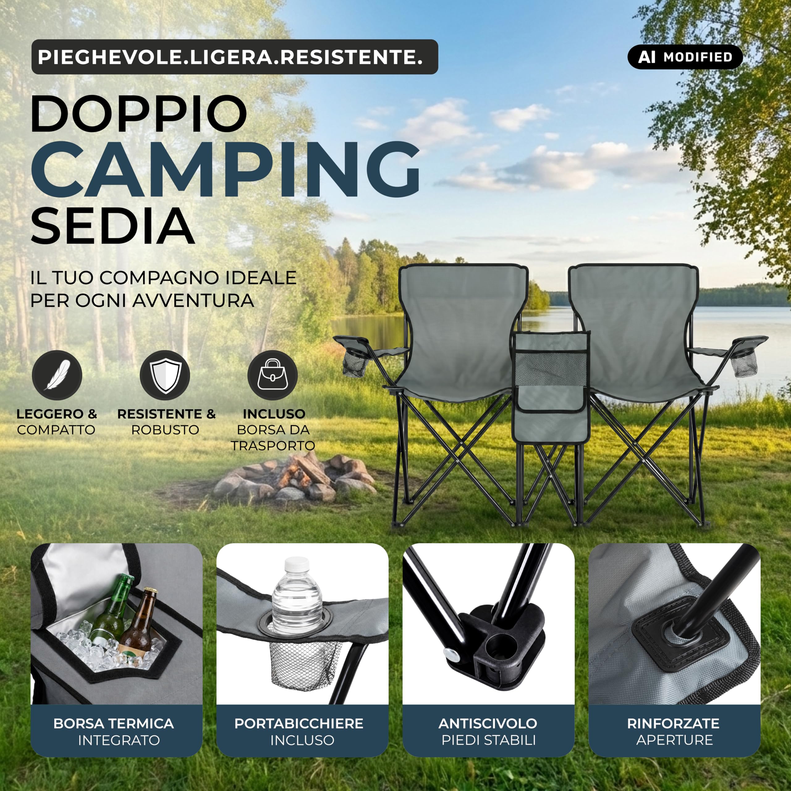 Stagecaptain CS-1485 Sedia da Campeggio Doppia, Tasca esterna spaziosa | Sedia da campeggio doppia in tessuto Oxford 600D, Perfetta per campeggio, festival, picnic ed escursioni, Dimensioni, 5 cm