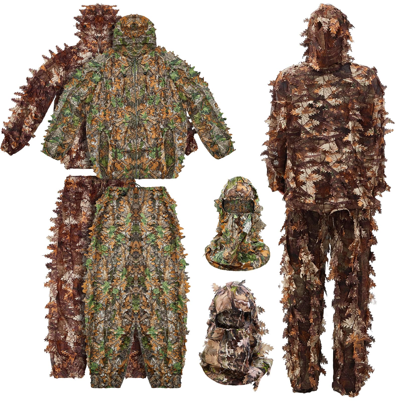 2 Pack Ghillie Suit 3D Leafy Camo Hunting Suits Ghillie Camouflage Leafy Hatand Full Face Mask Ghillie Hunting Suits Pants Lightweight Clothes Leaf Hunting Suits Unisex