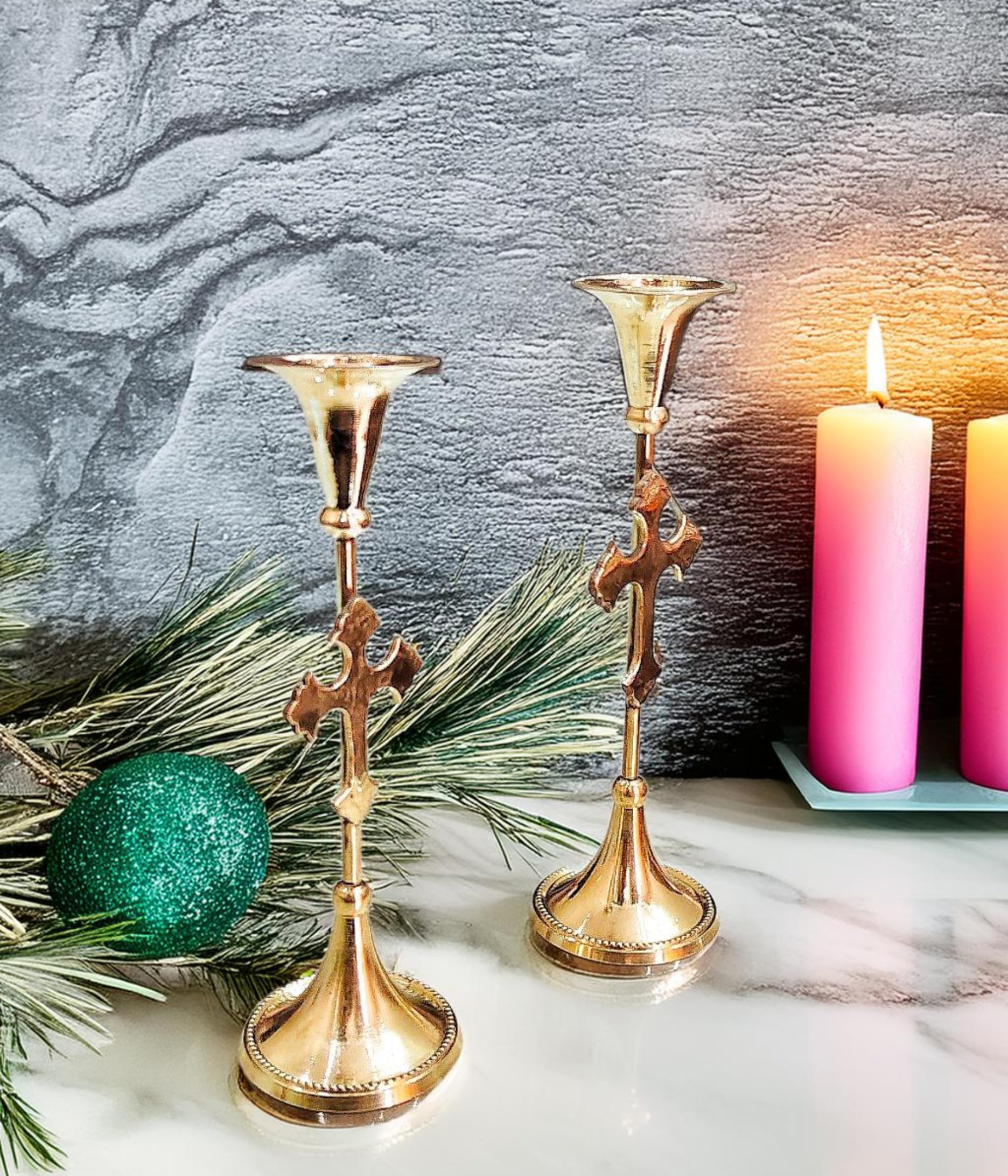 Buy Sanskriti Decor Brass Cross Candle Holder Stand|Pooja|Puja