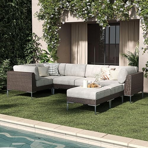 LayinSun 7-Piece Wicker Rattan Patio Furniture Set, Deep Seating Outdoor Modular Sectional Sofa Conversation Set with Thick Cushions for Lawn, Garden