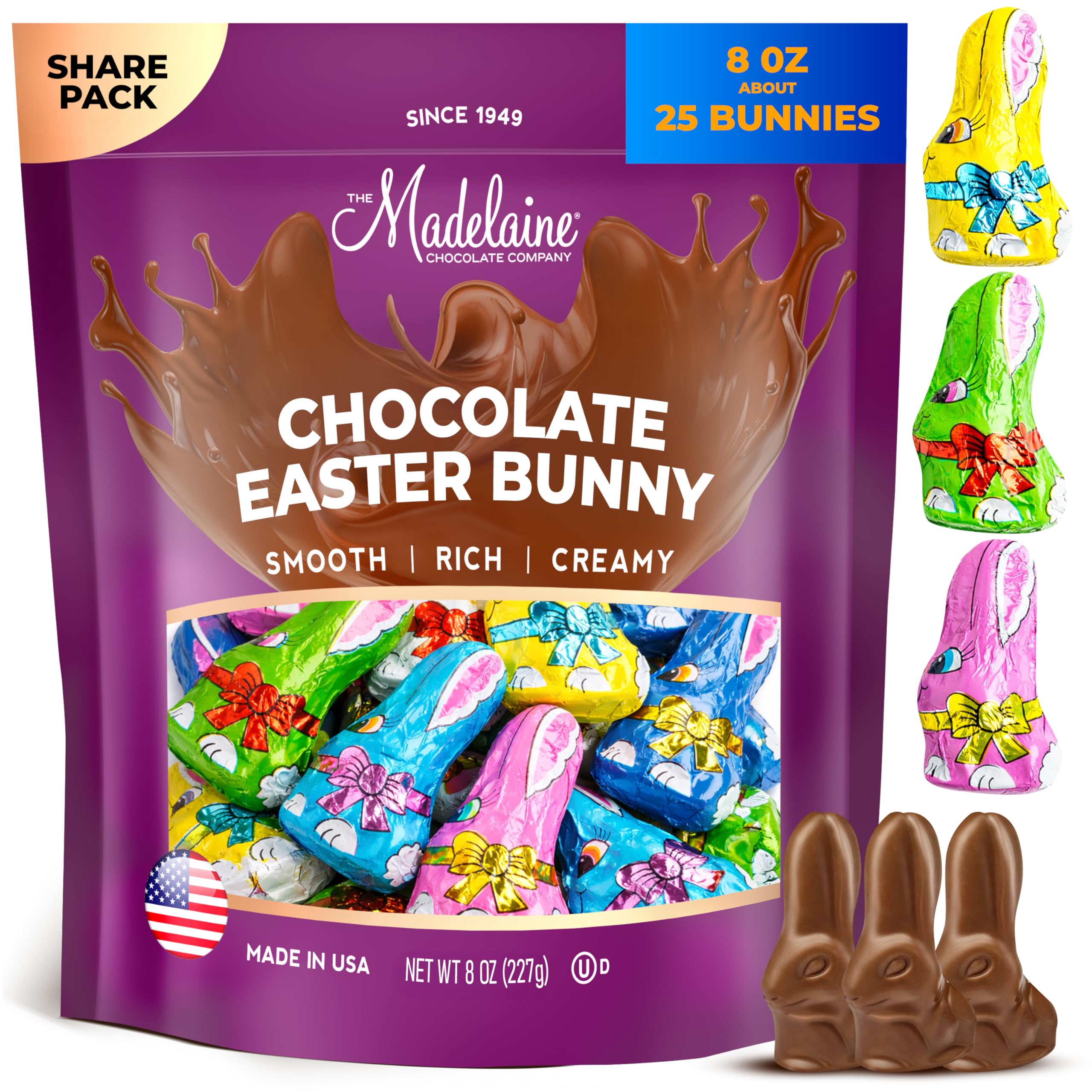 Madelaine Premium Milk Chocolate Long-eared Easter Baby Rabbits Wrapped In 6 Different Color Matte Italian Foils - 1/2 LB