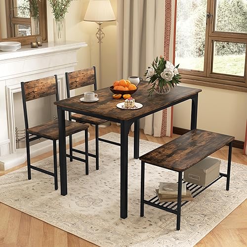 Miniatura 2 de Tangkula Juego de mesa de comedor para 4, mesa de cocina y 2 sillas para 4 con banco, juego de mesa de comedor de 4 piezas para espacios pequeños,